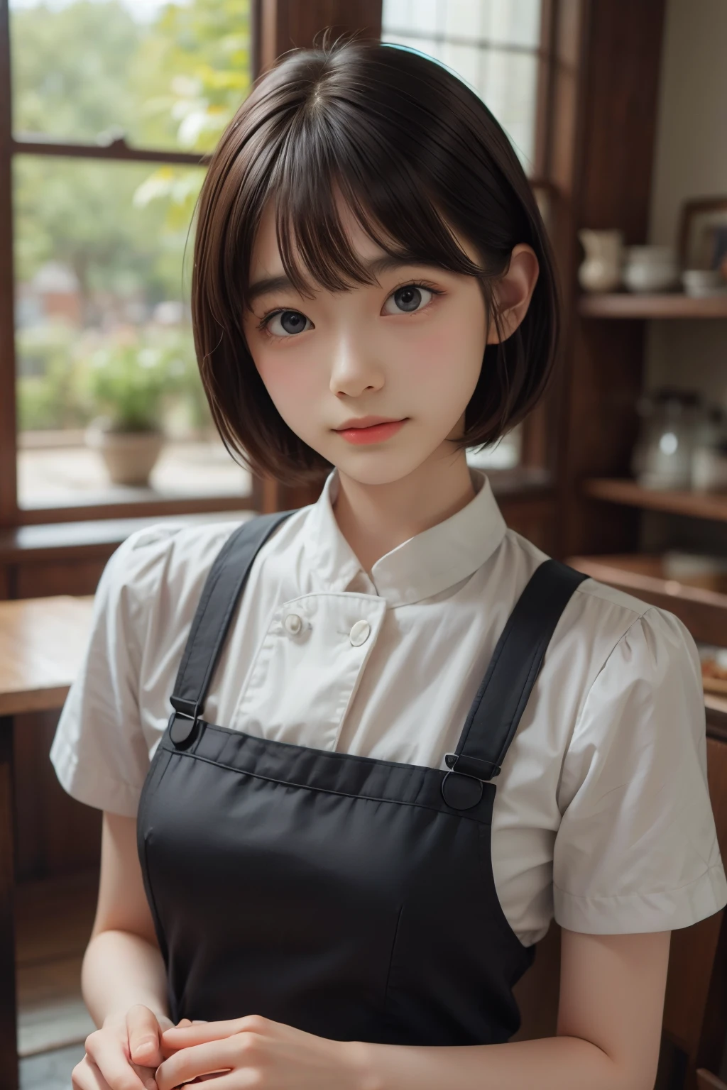 ((sfw: 1.4)), ((detailed face,  professional photography)), ((sfw, chef uniform, extra short hair, sidelocks-hair, 1 Girl)), Ultra High Resolution, (Realistic: 1.4), RAW Photo, Best Quality, (Photorealistic Stick), Focus, Soft Light, ((15 years old)), ((Japanese)), (( (young face))), (surface), (depth of field), masterpiece, (realistic), woman, bangs, ((1 girl))
