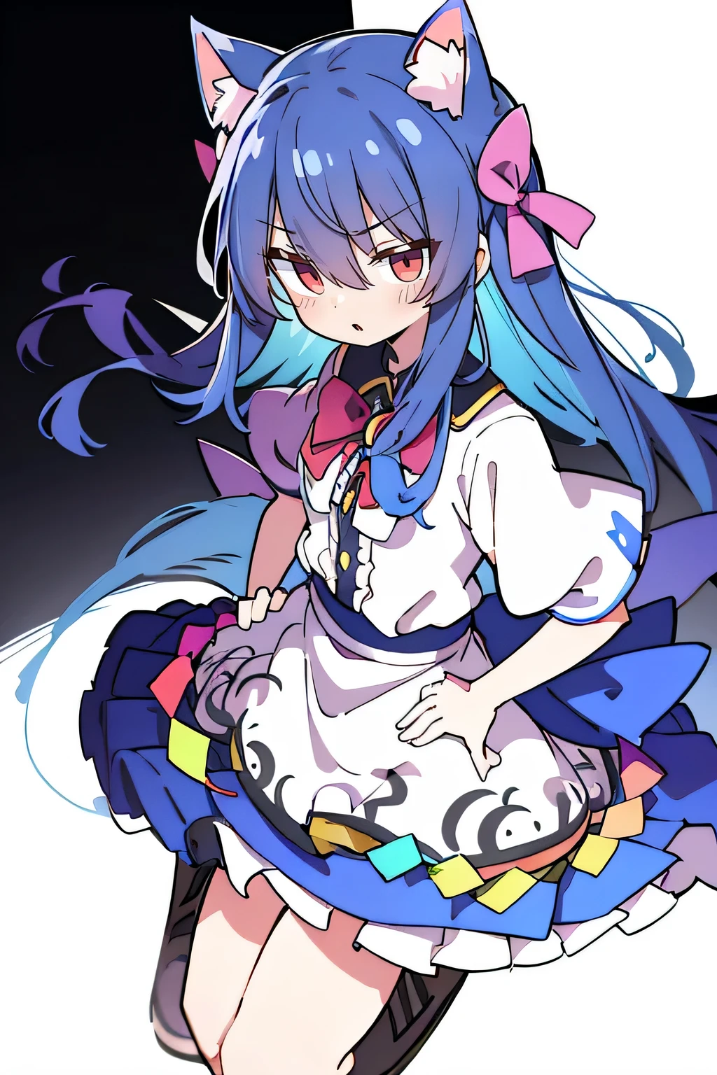 (masterpiece),best quality, expressive eyes, perfect face, 1girl,
 Put your hands on your waist,fair, Gorgeous,Japanese cartoons,girl,lola,Hina Angel, blue hair, blue haired, floating clothes,Grab your waist, Grab your waist, hands on hips , hands on hips,sit, sit on ground, Legs on the ground, flat chest,cat ears,