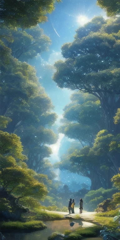 Illustration of a hyperrealistic , otherworldly, ultrasky scene featuring a giant crystal tree full body,very detailed and magical lighting, intricate forest details, vegetation and river around, solarpunk ,landscape, giant tree, beatifull leafy with beautiful lighting and realistic proportions, as if it were a cinematic background, 8k, highest quality, masterpiece, clouds and stars in the sky. A loved couple are stands under the gaint crystal tree. A boy seeing the couples.