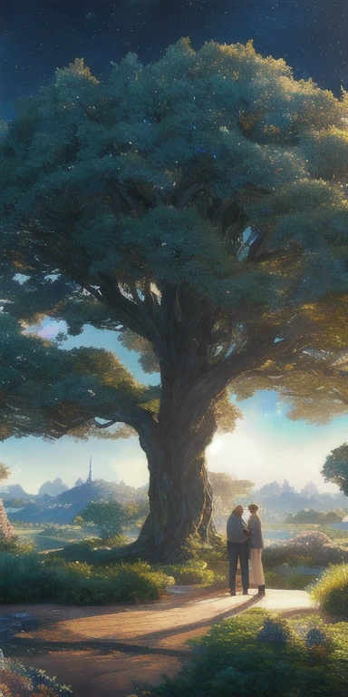 Illustration of a hyperrealistic , otherworldly, ultrasky scene featuring a giant crystal tree  full body,very detailed and magical lighting, intricate forest details, vegetation and river around, solarpunk ,landscape, giant tree, beatifull leafy with beautiful lighting and realistic proportions, as if it were a cinematic background, 8k, highest quality, masterpiece, clouds and stars in the sky. A loved couple are stands under the gaint crystal tree. A boy seeing the couples. 