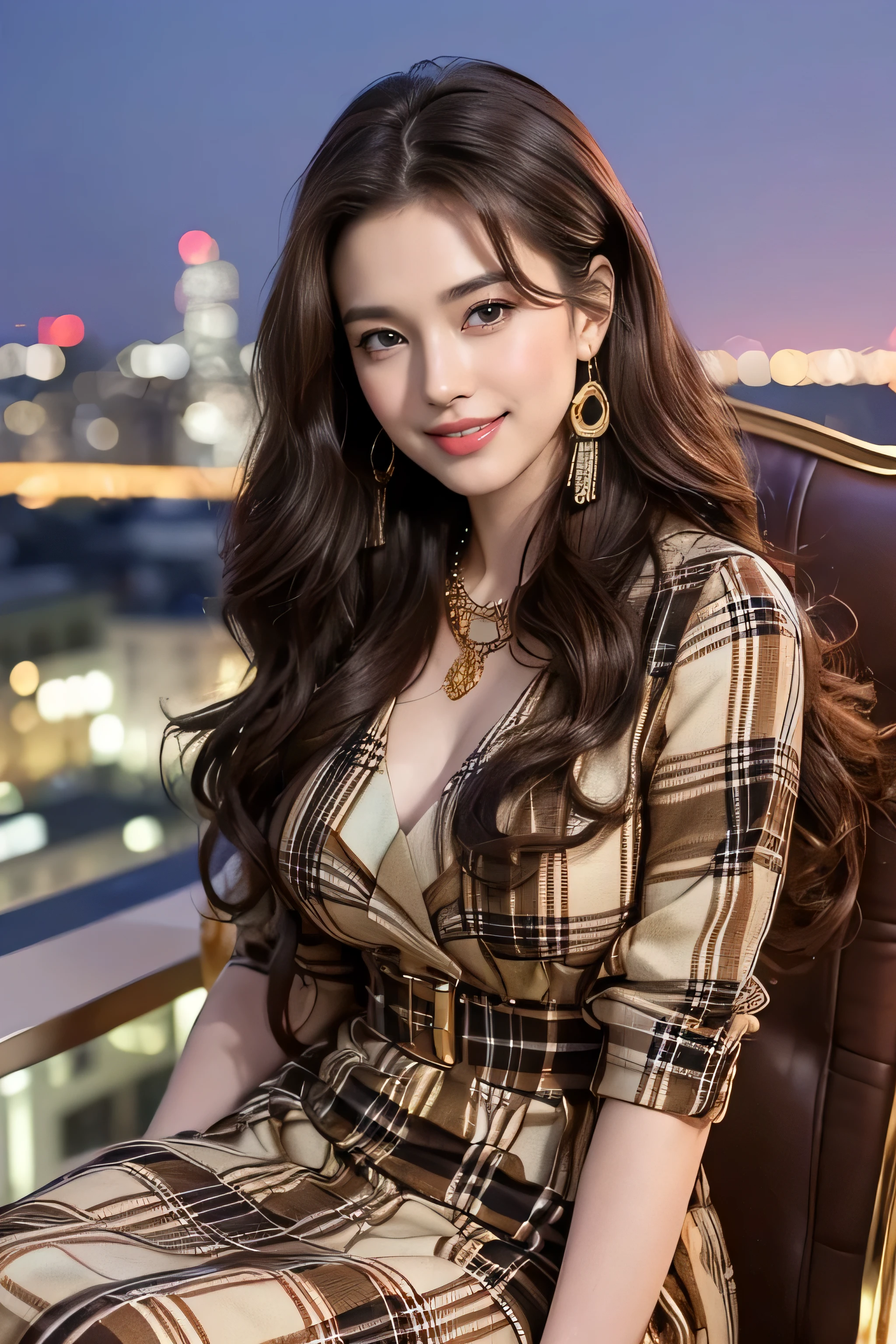 highest quality, masterpiece, 8K, ultra high resolution, (realistic: 1.4), 1 girl, beautiful face, symmetrical eyes, big, perfect body proportions, ((long hair))、((brown hair)), secretary、(luxury business suits)、The viewer&#39;s gaze, (president&#39;office、blurred background), Front view, Absolute area (1.3),friendly smile、seems kind、cowboy shot,((shy smile:1.3)),((gold necklace＿Large earrings:1.2)),　((Complex and bold plaid dresses:1.3)),((Hair with loose waves inside:1.2)),((Super long brown hair:1.2))((sitting on a chair, night view terrace background:1.3)),