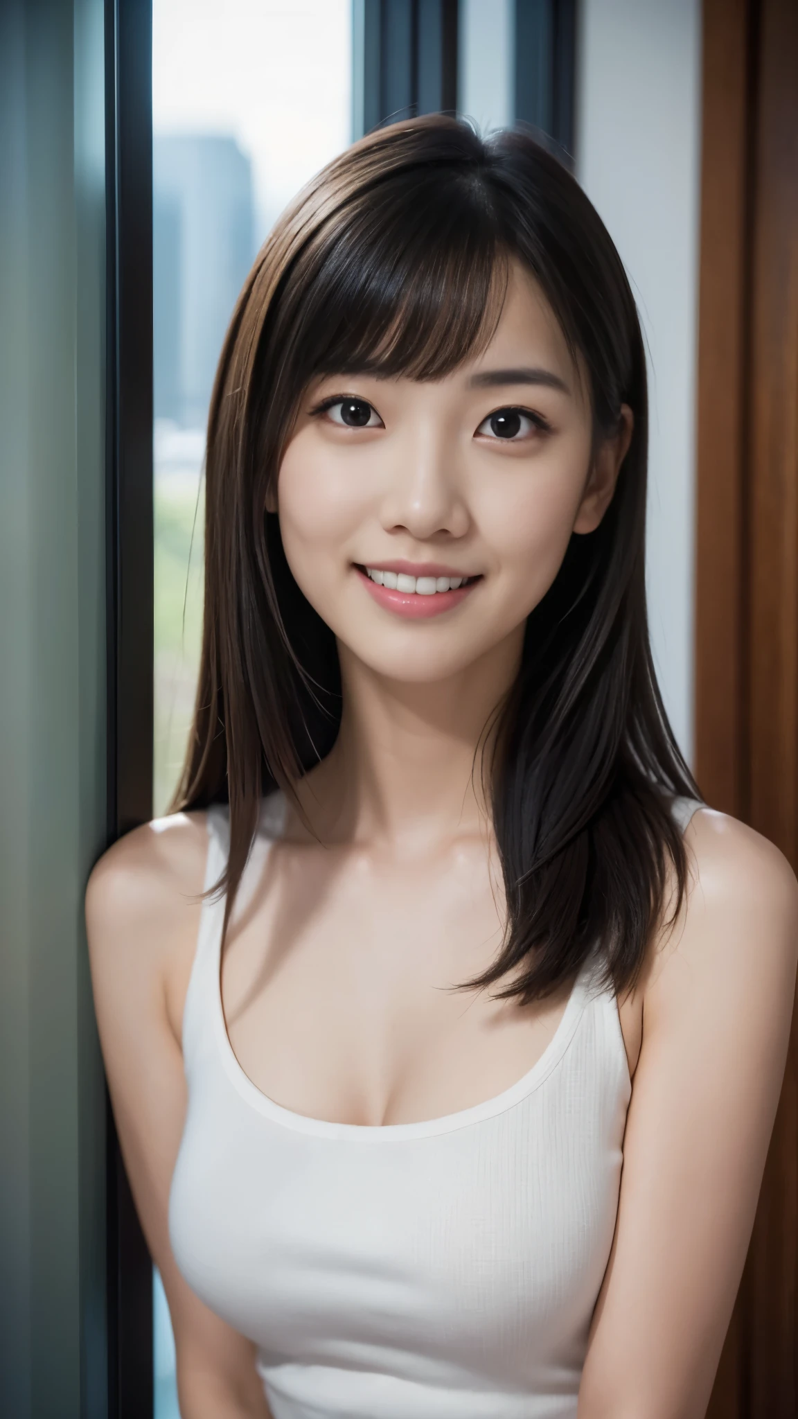 1girl, standing, black eyes, (light smile:0.8), bangs, arms behind back, mole, hotel room, window, night, light, RAW photo, best quality, masterpiece, ultra detailed, ultra high res, realistic,smile