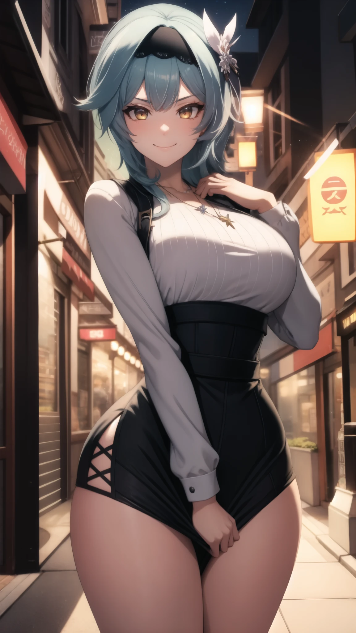 absurdres, highres, highly detailed, (official art, beautiful and aesthetic:1.2), ultra detail, beautiful face, ((mature female)), 1women, Eula, black hairband, blue hair, hair ornament, hairband, short hair, yellow eyes, blushing, loving smile, wide hips, thicc thighs, necklace, ((long sleeve dress)), ((seductive pose)), (city at nights), dynamic lighting, dynamic shadows