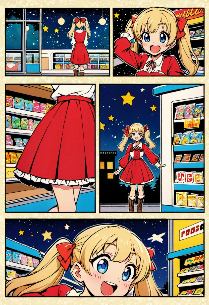 Candy Candy\' by Toei Animation, detailed art style, vintage aesthetic, emotional melodrama, inspired by Keiko Nagita and Yumiko Igarashi's original manga, in a midnight convenience store, starry night, vignettes, comic, dress, blonde_hair, twintails, boots, flower, bow, open_mouth, red_dress, hair_bow, frills, retro_artstyle, ribbon, smile, blue_eyes, long_hair, long_sleeves, full_body