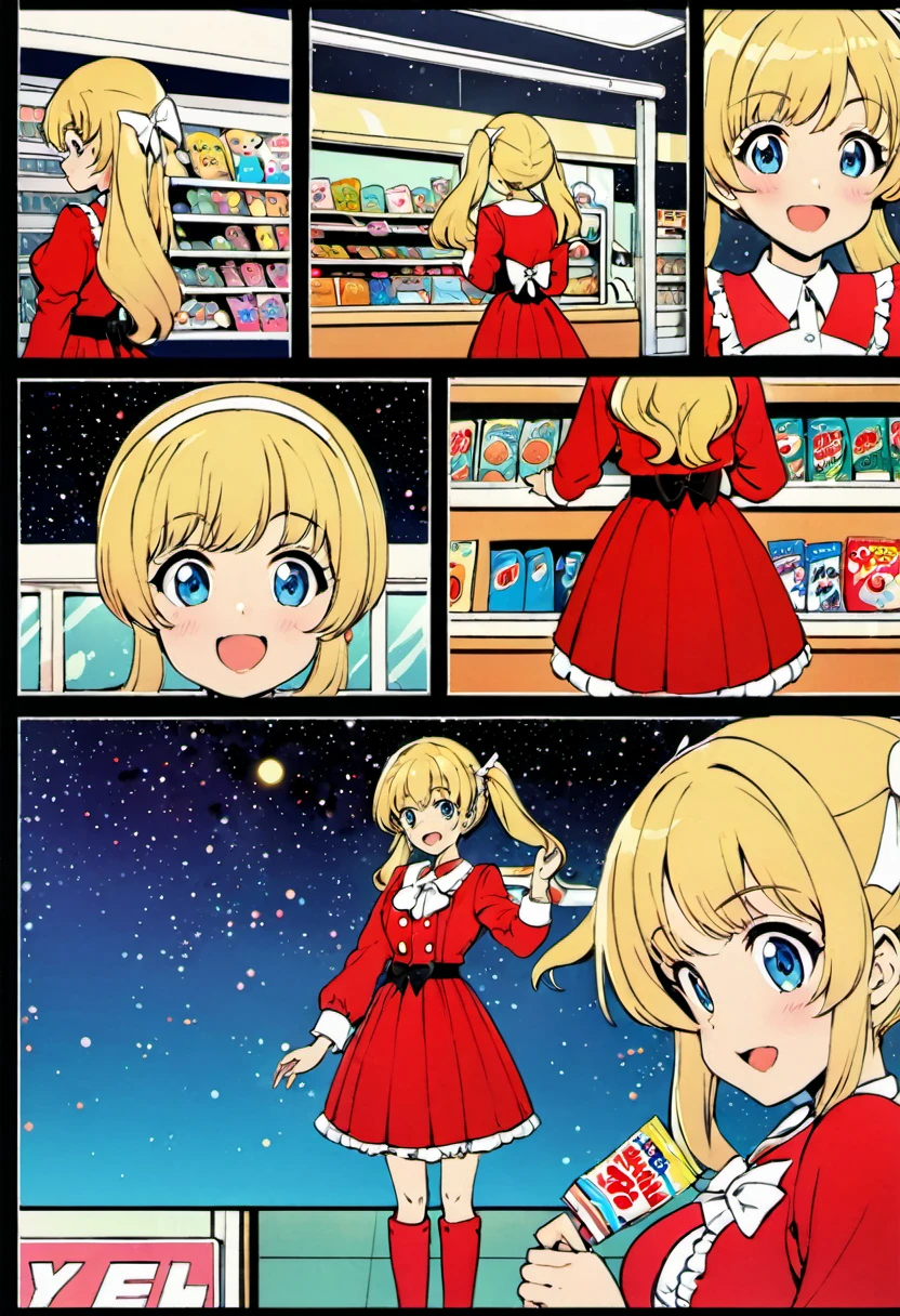 Candy Candy\' by Toei Animation, detailed art style, vintage aesthetic, emotional melodrama, inspired by Keiko Nagita and Yumiko Igarashi's original manga, in a midnight convenience store, starry night, vignettes, comic, dress, blonde_hair, twintails, boots, flower, bow, open_mouth, red_dress, hair_bow, frills, retro_artstyle, ribbon, smile, blue_eyes, long_hair, long_sleeves, full_body