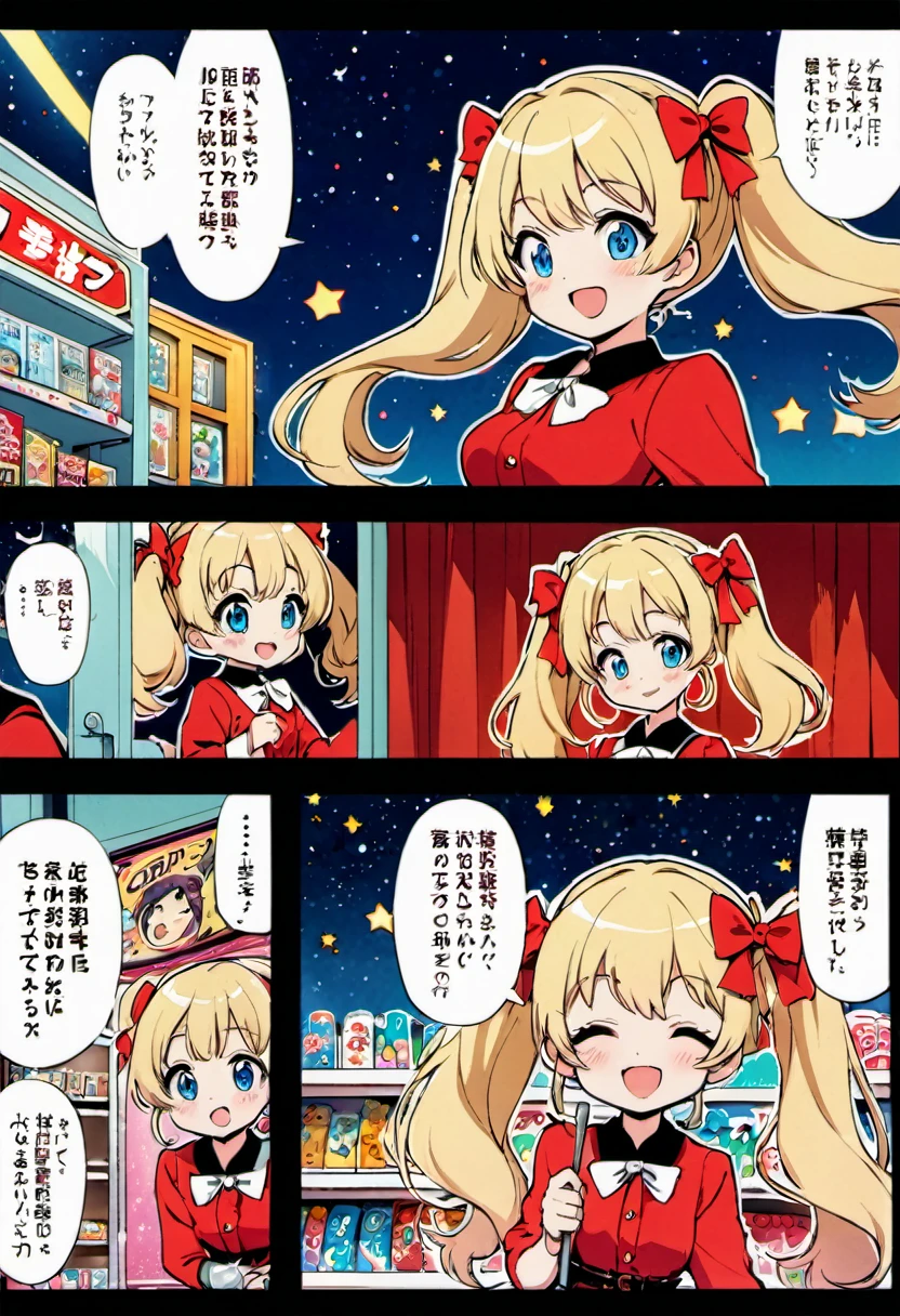 Candy Candy\' by Toei Animation, detailed art style, vintage aesthetic, emotional melodrama, inspired by Keiko Nagita and Yumiko Igarashi's original manga, in a midnight convenience store, starry night, vignettes, comic, dress, blonde_hair, twintails, boots, flower, bow, open_mouth, red_dress, hair_bow, frills, retro_artstyle, ribbon, smile, blue_eyes, long_hair, long_sleeves, full_body