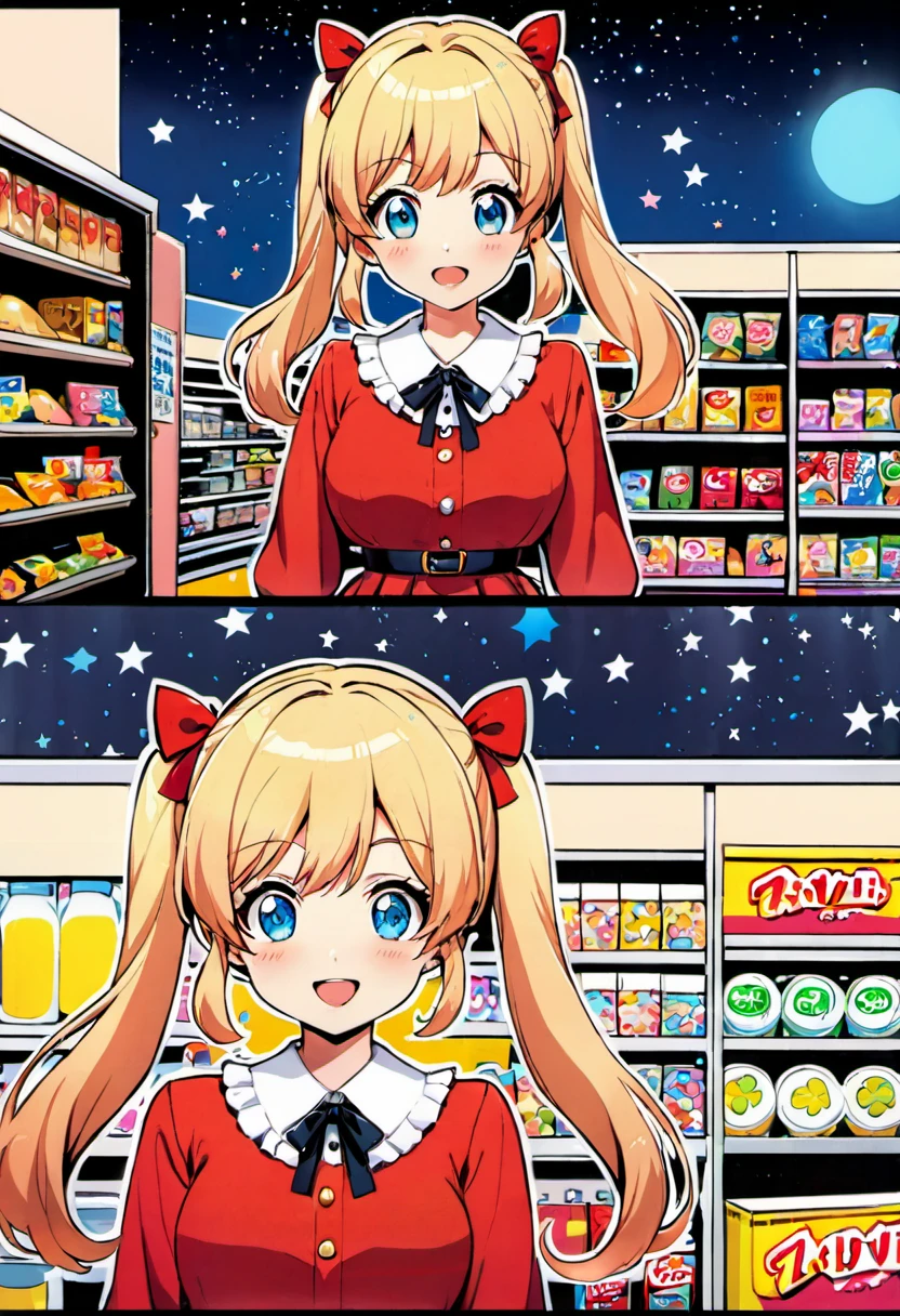 Candy Candy\' by Toei Animation, detailed art style, vintage aesthetic, emotional melodrama, inspired by Keiko Nagita and Yumiko Igarashi's original manga, in a midnight convenience store, starry night, vignettes, comic, dress, blonde_hair, twintails, boots, flower, bow, open_mouth, red_dress, hair_bow, frills, retro_artstyle, ribbon, smile, blue_eyes, long_hair, long_sleeves, full_body