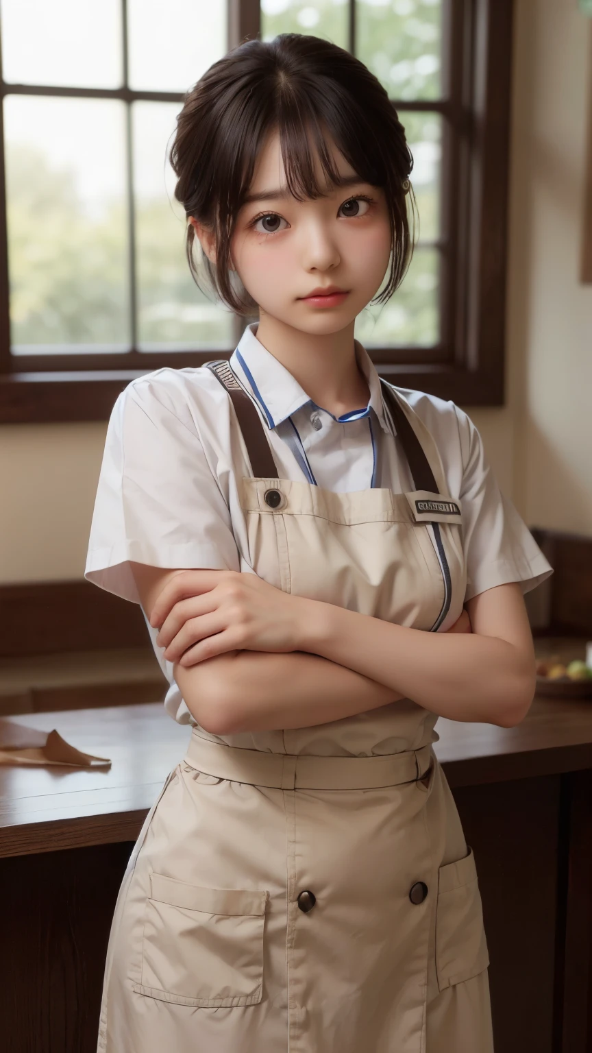 ((sfw: 1.4)), ((detailed face,  professional photography)), ((sfw, chef uniform, extra short hair, sidelocks-hair, 1 Girl)), Ultra High Resolution, (Realistic: 1.4), RAW Photo, Best Quality, (Photorealistic Stick), Focus, Soft Light, ((15 years old)), ((Japanese)), (( (young face))), (surface), (depth of field), masterpiece, (realistic), woman, bangs, ((1 girl))
