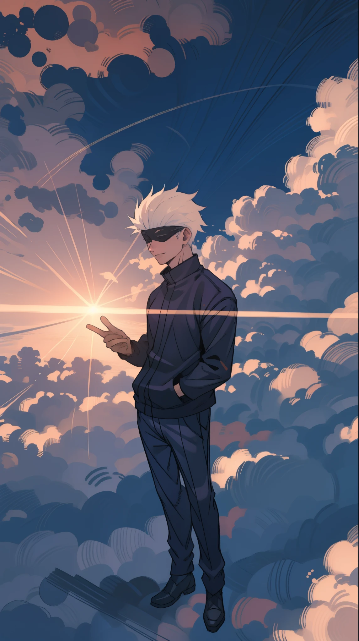 1boy, full body shot, perfect hand and fingers, satoru gojo, blindfold, black outfit, white hair, look at sky, smirk, red and blue moon city night background, wallpaper, cinematic,High resolution 8K, Bright light illumination, lens flare, sharpness, masterpiece, top-quality, The ultra -The high-definition, high resolution, extremely details CG, Anime style, Film Portrait Photography,masterpiece,hyperdetail