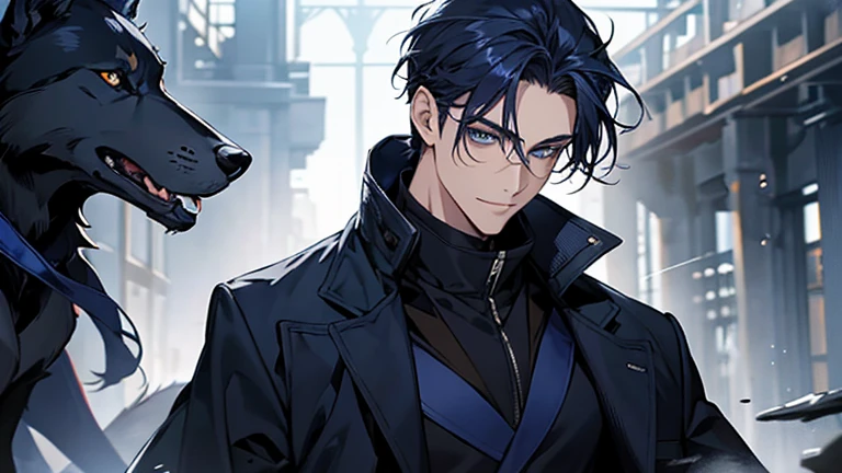 masterpiece, highest quality, confused, male,dark blue hair, low ponytail,Black and navy blue pilot suit,expensive,,Carrying wolves,He has a navy blue coat draped over his shoulders.,There'There'there's no one behind me,dark blue eyes,smile a little,With the wolf