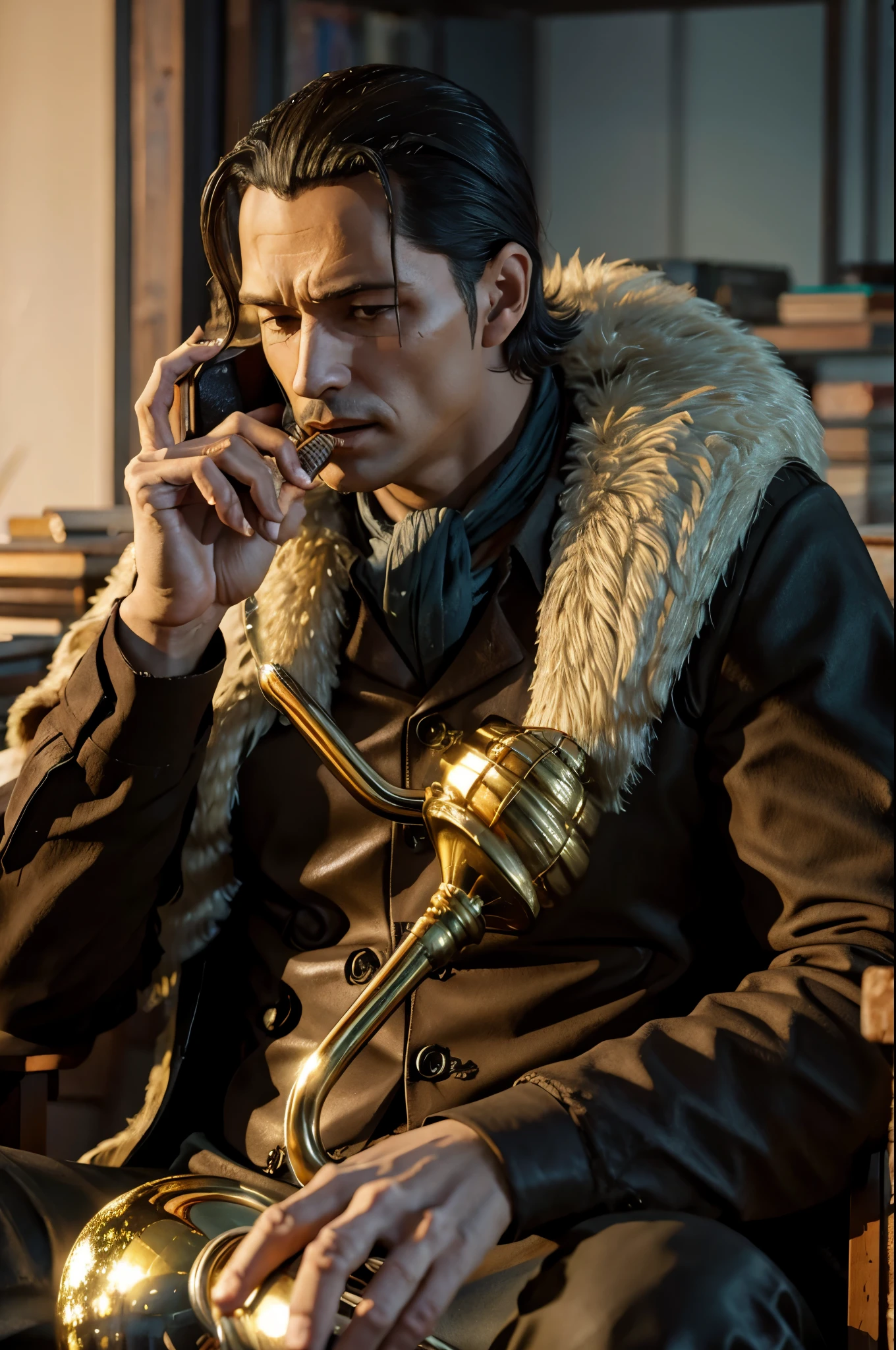 masterpiece, best quality, extremely detailed, hyperrealistic, photorealistic, a cool 40s man, ultra detailed face:1.2, fur-trimmed coat, scarf around the neck, his left hand is a golden pirate hook:1.1, cigar, office, holding a trumpet shell:1.1, talking on the phone:1.1
