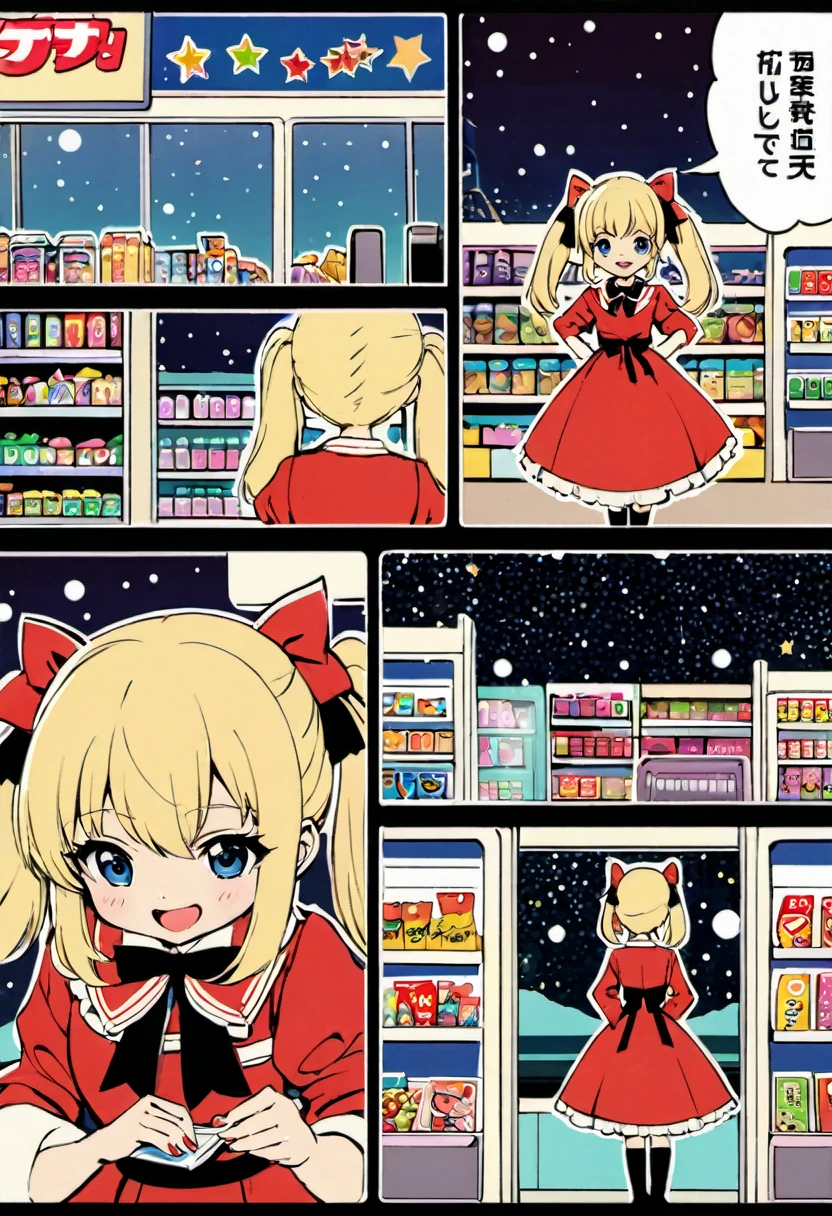 Candy Candy\' by Toei Animation, detailed art style, vintage aesthetic, emotional melodrama, inspired by Keiko Nagita and Yumiko Igarashi's original manga, in a midnight convenience store, starry night, vignettes, comic, dress, blonde_hair, twintails, boots, flower, bow, open_mouth, red_dress, hair_bow, frills, retro_artstyle, ribbon, smile, blue_eyes, long_hair, long_sleeves, full_body