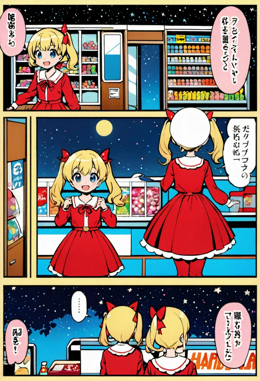 Candy Candy\' by Toei Animation, detailed art style, vintage aesthetic, emotional melodrama, inspired by Keiko Nagita and Yumiko Igarashi's original manga, in a midnight convenience store, starry night, vignettes, comic, dress, blonde_hair, twintails, boots, flower, bow, open_mouth, red_dress, hair_bow, frills, retro_artstyle, ribbon, smile, blue_eyes, long_hair, long_sleeves, full_body
