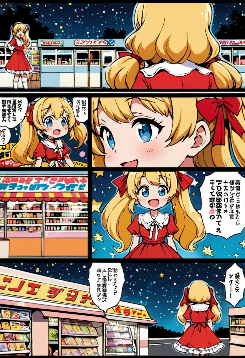 Candy Candy\' by Toei Animation, detailed art style, vintage aesthetic, emotional melodrama, inspired by Keiko Nagita and Yumiko Igarashi's original manga, in a midnight convenience store, starry night, vignettes, comic, dress, blonde_hair, twintails, boots, flower, bow, open_mouth, red_dress, hair_bow, frills, retro_artstyle, ribbon, smile, blue_eyes, long_hair, long_sleeves, full_body