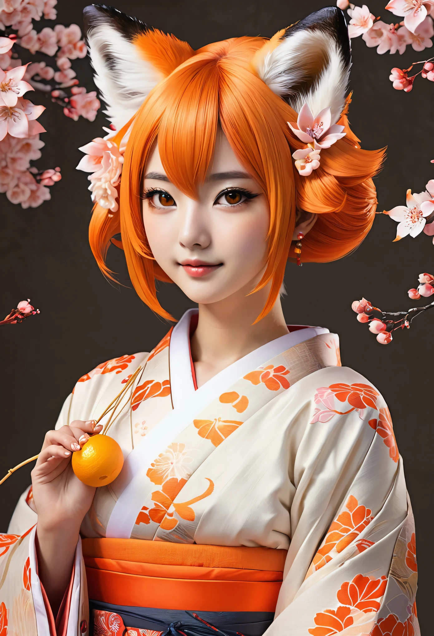 (best quality), (ultra-detailed), (best illustration), (masterpiece), animal ears, fox ears, fox girl, fox tail, hair flower, hair ornament, orange eyes, orange hair, short hair, tail, sexy chest, kimono, miko, japanese clothes and phoenix