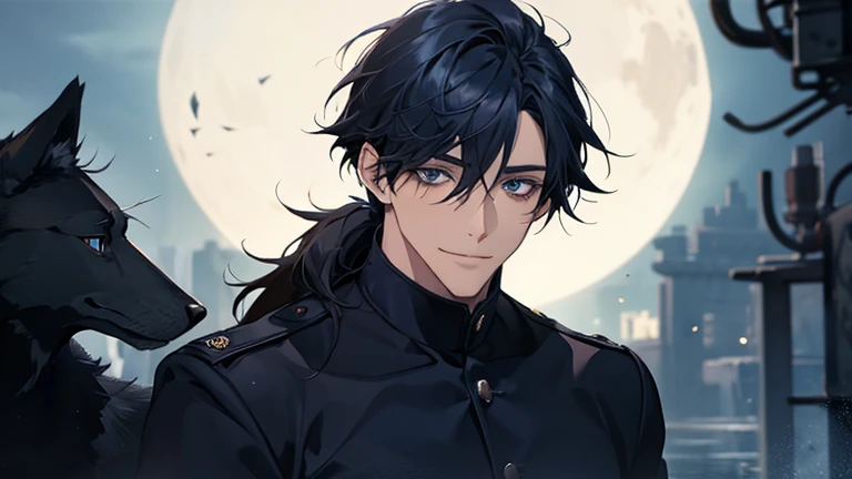 (highest quality, High resolution, masterpiece:1.2),Super detailed,realistic,portrait,A chaotic scene,Dark and mysterious atmosphere,male,Deep blue hair,Tie in a low ponytail,Black and navy blue pilot suit,expensive,Caring for the wolves,He has a navy coat on his shoulders,there&#39;s no one behind me,dark blue eyes,smiled a little,With the wolf
