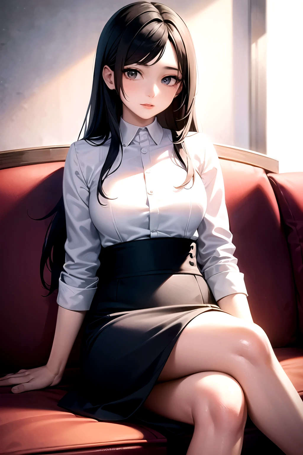 ((best quality)), ((masterpiece)), (detailed), Young female 28 years old，working women，Mature，expressionless，red lips，Long black hair，black long skirt，(Sitting on the sofa)