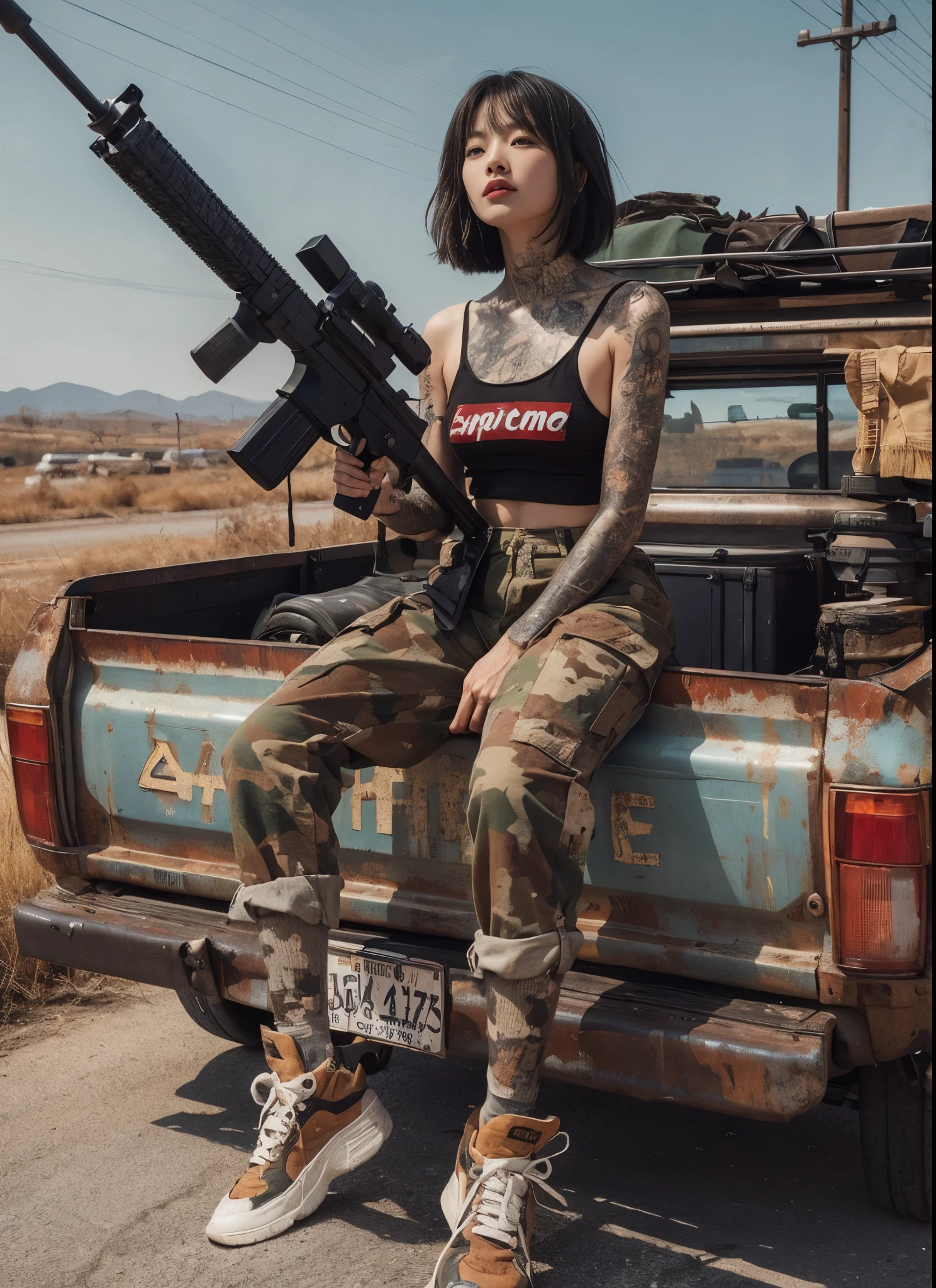 8K,realistic photo、Realistic Skin Texture、Beautiful Japanese women、Loaded luggage on the roof A very small old wagon、Sitting on the roof of a car、Automatic rifle leaning against a wagon、The wagon has signs of repair.、Dirty and torn SupremeTshirt、camouflage pants、Dirty sneakers of different colors on each side、Pose with movement、dramatic composition、tattoo、one person、Wilderness Road、sunny、