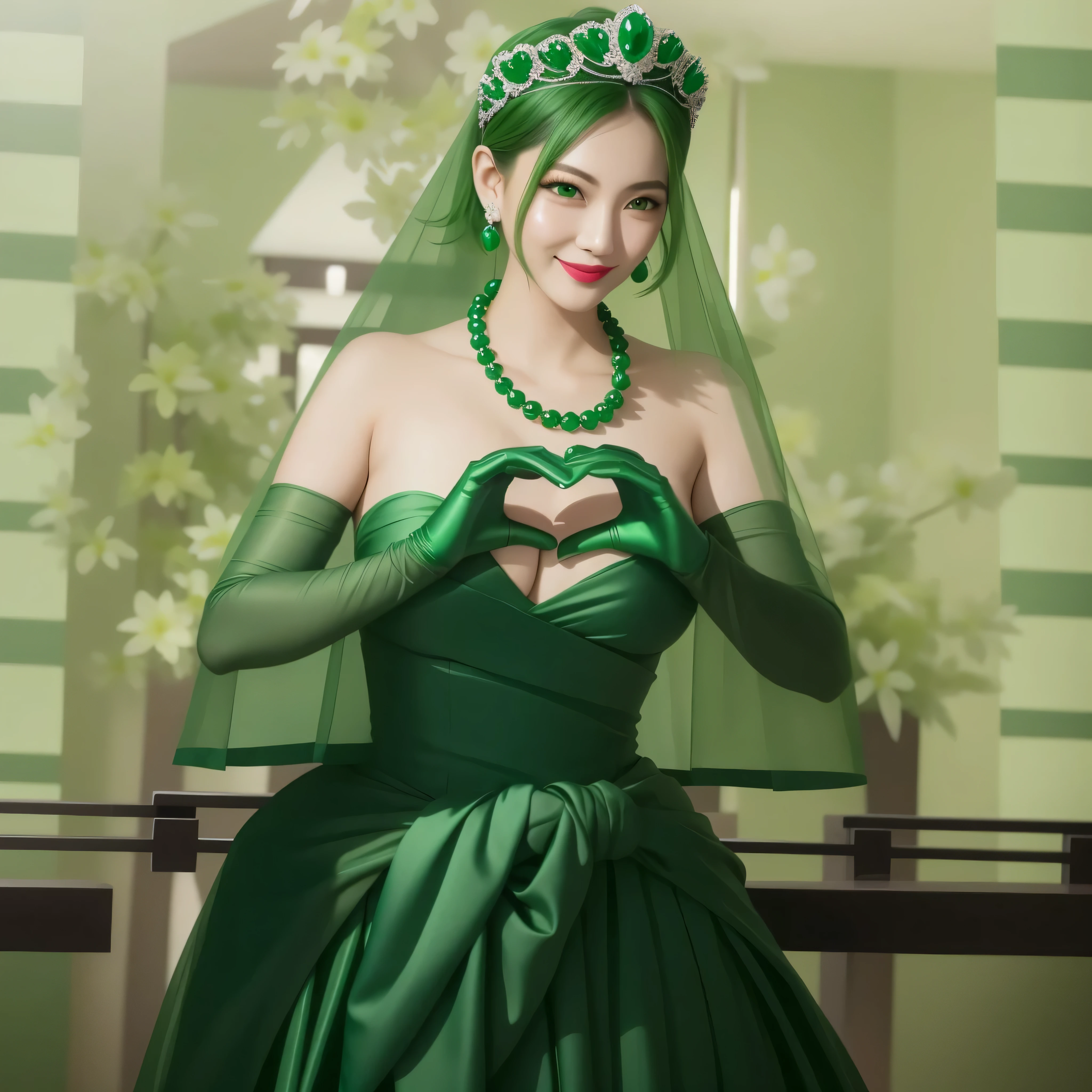 emerald tiara, green pearl necklace, boyish very short green hair, green lips, smiling Japanese woman, very short hair, Beautiful woman with big breasts, green eyes, Green satin gloves, green eyes, emerald earrings, green veil, Heart with both hands, green hair, beautiful japanese woman, heart shaped hands:1.3, green lip gloss