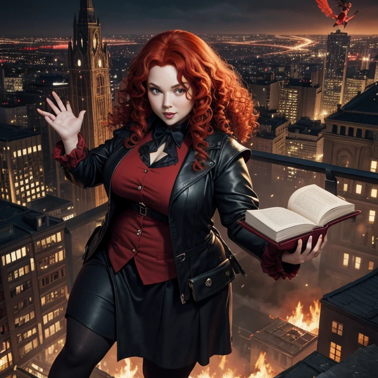 Woman with curly red hair, a little chubby, evil witch, red and black clothes, evil book, flying over the city,Magic effects in one hand