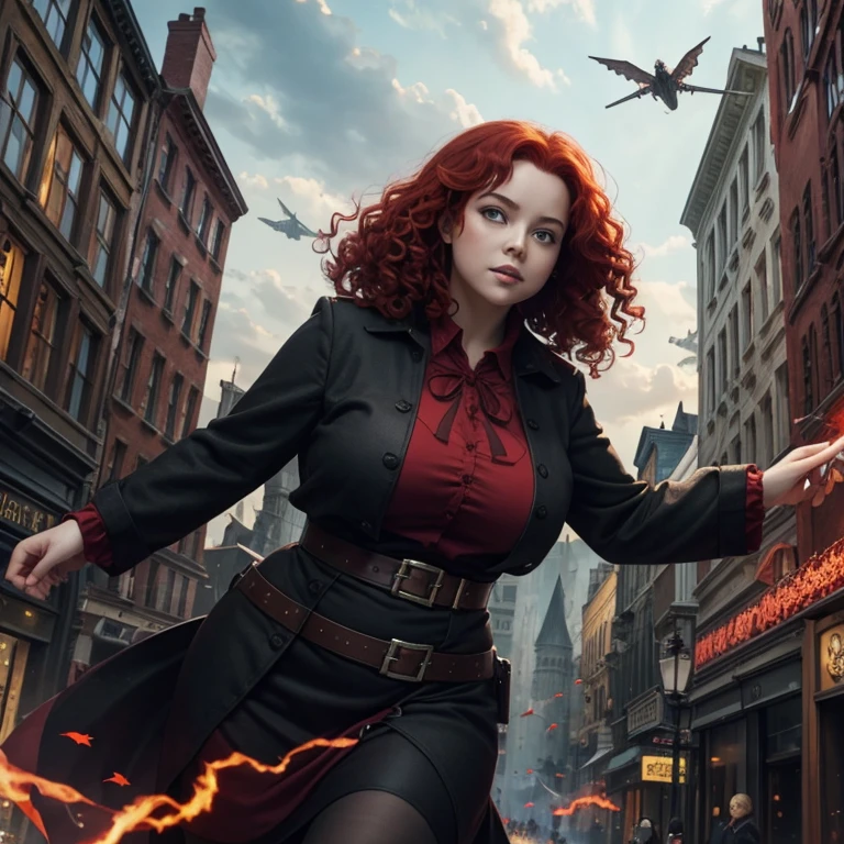 Woman with curly red hair, a little chubby, evil witch, red and black clothes, evil book, flying over the city,Magic effects in one hand