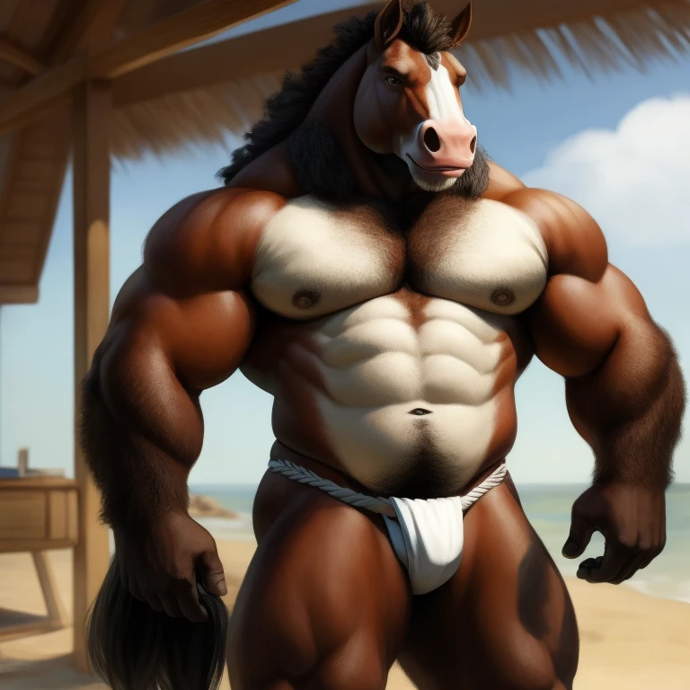 Furry, Antro, Horse, Fundoshi bulto, Fundoshi White, Solo, Bulto Male, Detallado, cuerpo completo, cuerpo peludo