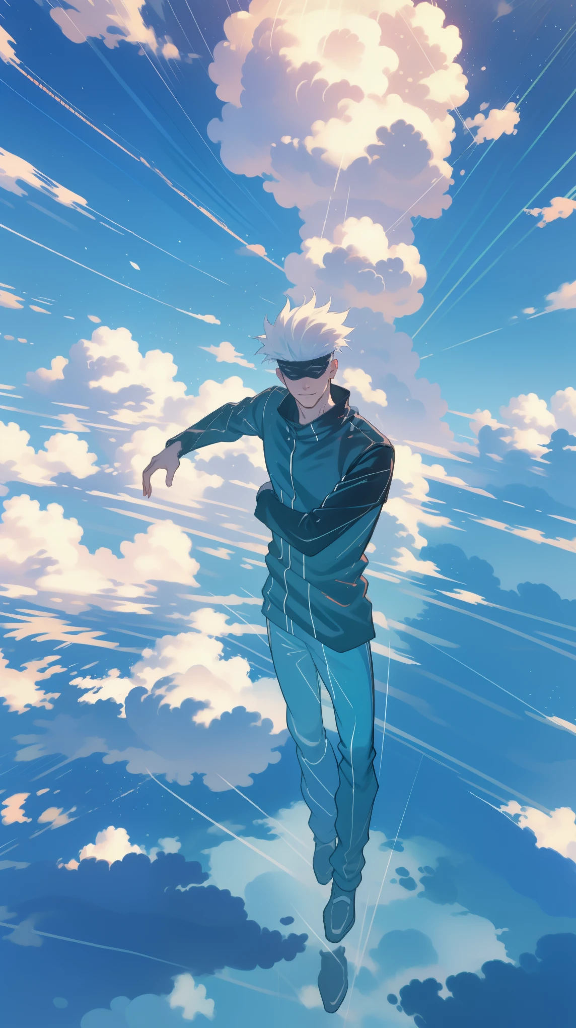 1boy, full body shot, perfect hand and fingers, satoru gojo, blindfold, black outfit, white hair, look at sky, smirk, red and blue moon city night background, wallpaper, cinematic,High resolution 8K, Bright light illumination, lens flare, sharpness, masterpiece, top-quality, The ultra -The high-definition, high resolution, extremely details CG, Anime style, Film Portrait Photography,masterpiece,hyperdetail