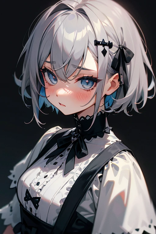 short gray hair, blush, Gothic ta、punk fashion、Headbang 2.、Blue and black clothes、Clean your eyes、hairpin