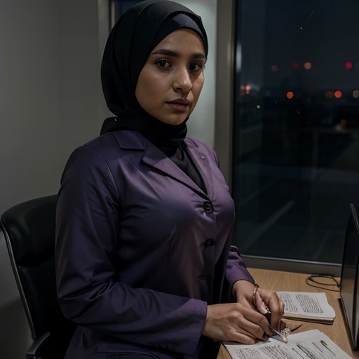 1 lady, wearing a blazer and short dress and blue hijab, tighs, sitting in meeting room, officewear, legs spread, close shot, wearing big necklace, unbottoned,