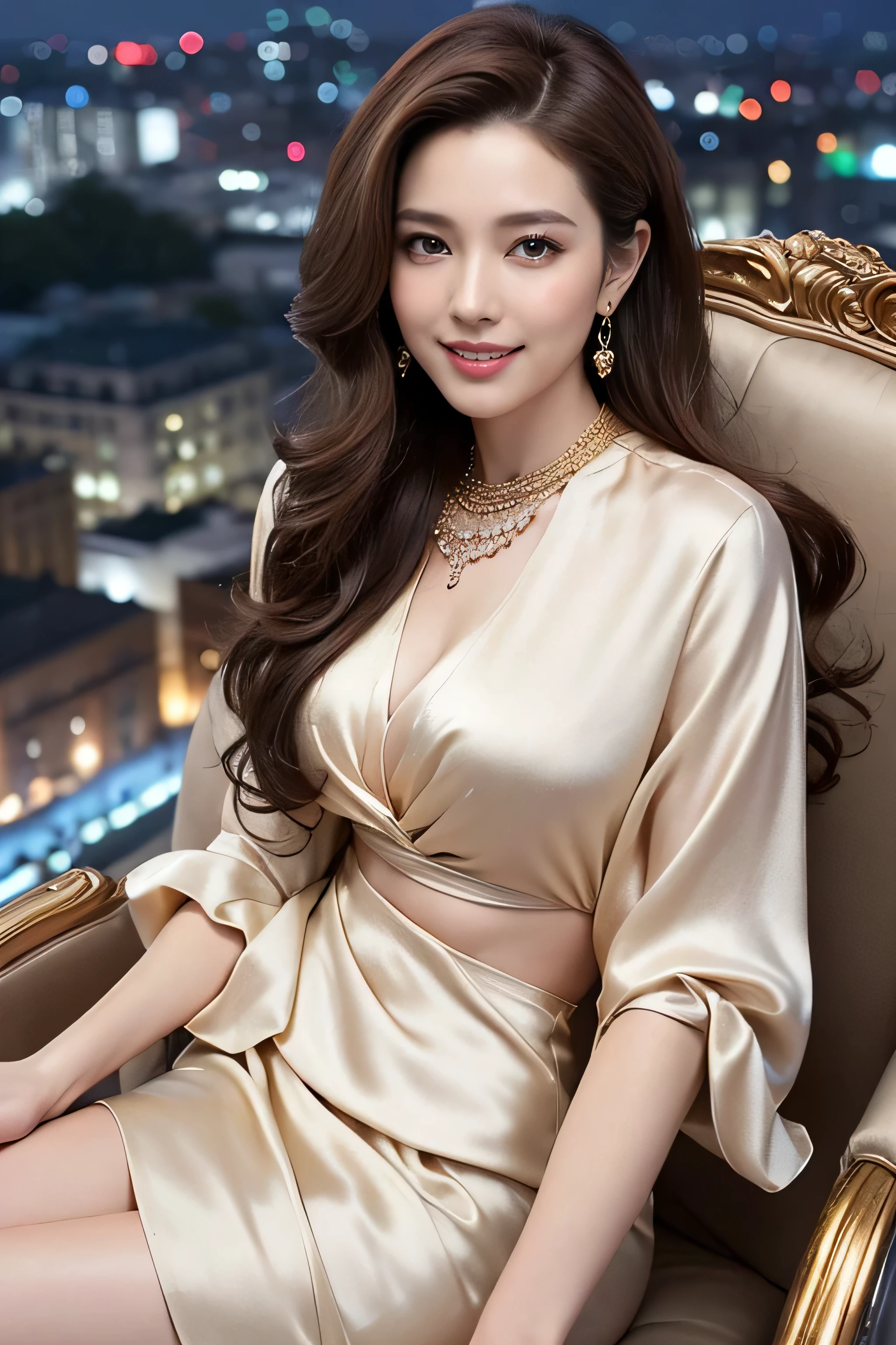 masterpiece, highest quality, Realistic, Super detailed, In detail, High resolution, 8k wallpaper, 1. Beautiful Women, Light brown hair, Sharp focus, Perfect dynamic composition, Beautiful fine details, Fine hair, Detailed and realistic skin texture, smile, Portraiture, Model Body Type,wearing abstract printed mini dresses_long sleeve_wrap dress、From an oblique angle above、Long straight hair_Hair reaching down to the waist、Place your left hand gently on your chin_see-through sleeves、in a Luxurious room,gold necklace_Large earrings,full figure supermodel standing, entire body in frame、12cm high heels