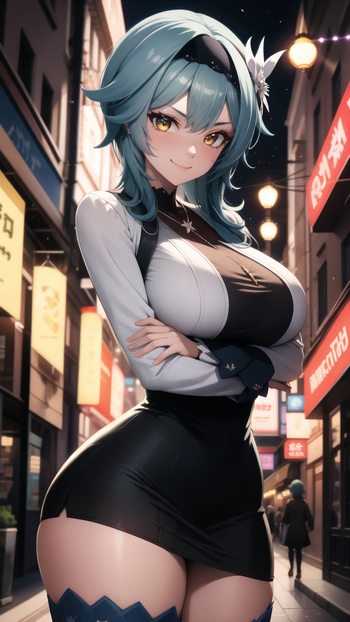 absurdres, highres, highly detailed, (official art, beautiful and aesthetic:1.2), ultra detail, beautiful face, ((mature female)), 1women, Eula, black hairband, blue hair, hair ornament, hairband, short hair, yellow eyes, blushing, loving smile, wide hips, thicc thighs, necklace, ((long sleeve dress)), ((seductive pose)), (city at nights), dynamic lighting, dynamic shadows