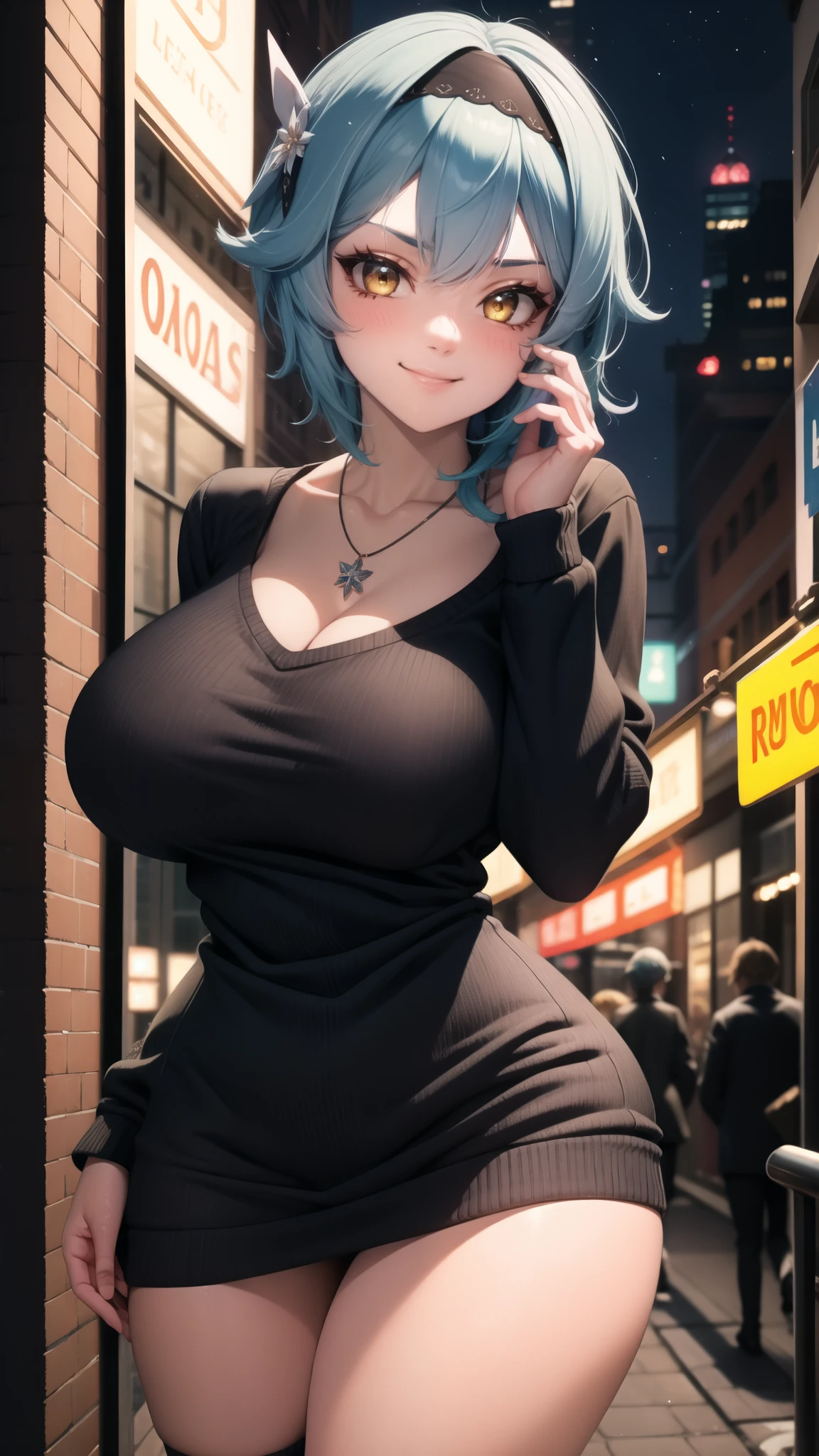 absurdres, highres, highly detailed, (official art, beautiful and aesthetic:1.2), ultra detail, beautiful face, ((mature female)), 1women, Eula, black hairband, blue hair, hair ornament, hairband, short hair, yellow eyes, blushing, loving smile, wide hips, thicc thighs, necklace, sexy sweater dress, ((seductive pose)), (city at nights), dynamic lighting, dynamic shadows