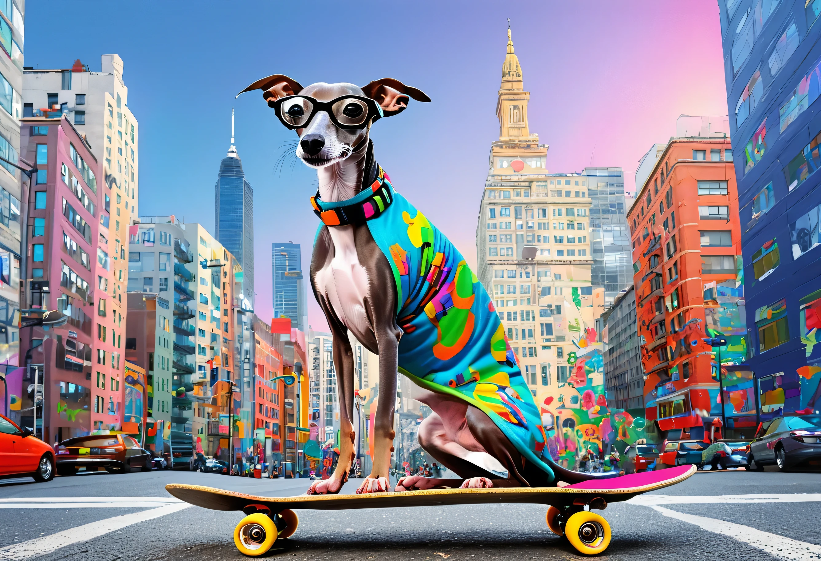 Italian Greyhound with glasses, whole body、animal pictures, Vivid cartoon art, very high quality artwork, pop art, colourful artwork, mixed art styles, urban art style, art style, maximalist, Large colorful images, Wild Style, art style, High quality glossy art, High Resolution Art,Riding a skateboard through a city filled with tall buildings、airbrush