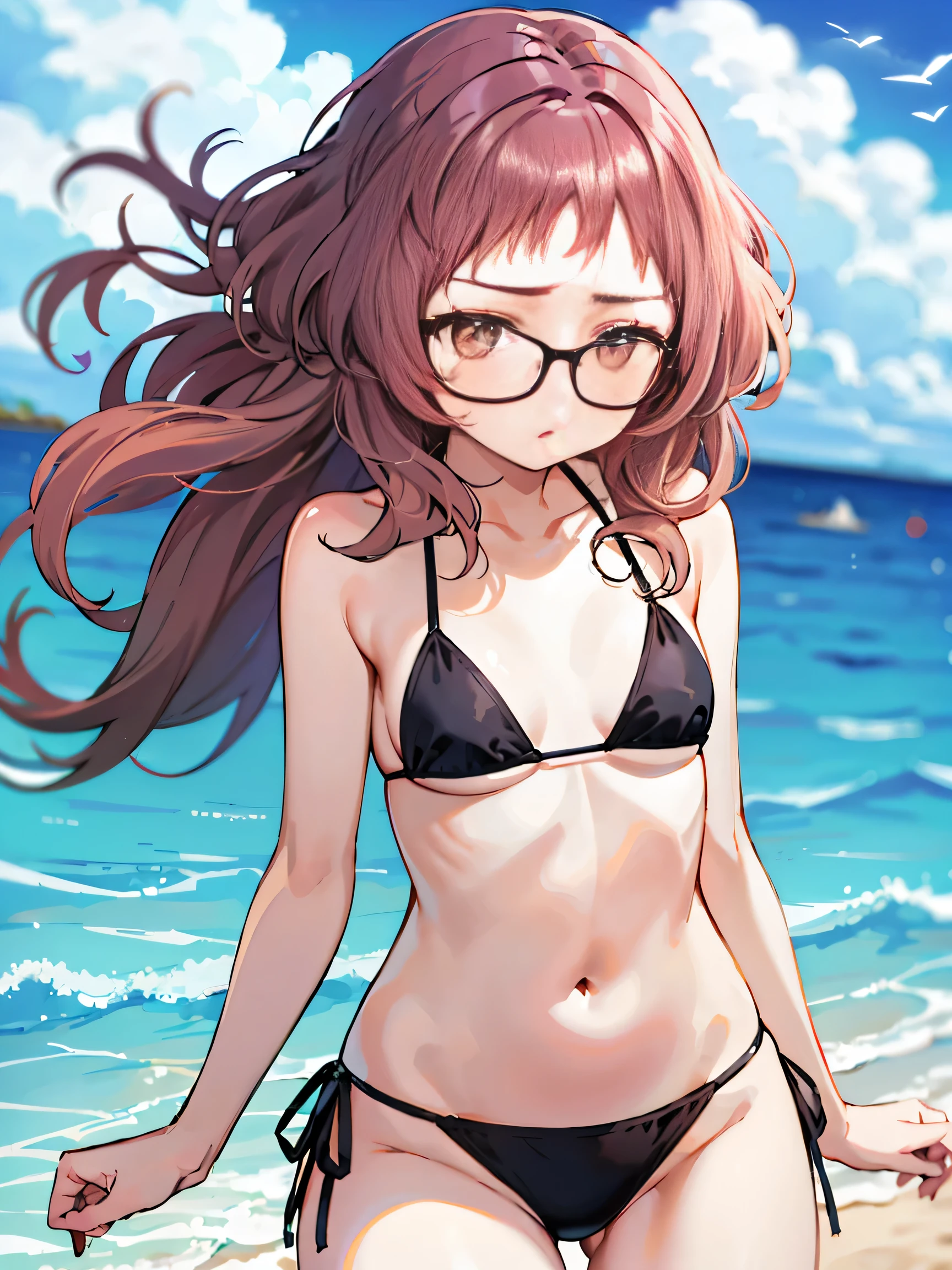 Mie Ai、1 girl、Wavy hair、glasses、small breasts、he is short、slender body、、High resolution、highest quality、detailed face、beach、micro bikini、looking here、puffy nipple、cowboy shot、squat