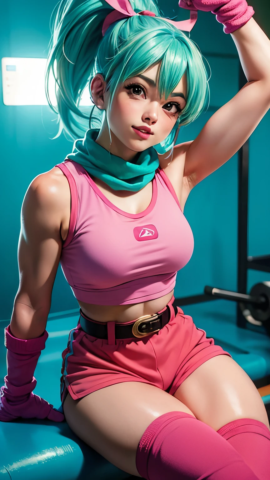 A happy medium portrait of Bulma, dragon ball, blmpony, aqua hair, hair ribbon, braided ponytail, pink tank top, belt, scarf, pink short shorts, clothes writing Bulma, brown gloves, medium breasts, (made by Akira Toriyama), fit body, sexy body, holding dumbbells, gym on background