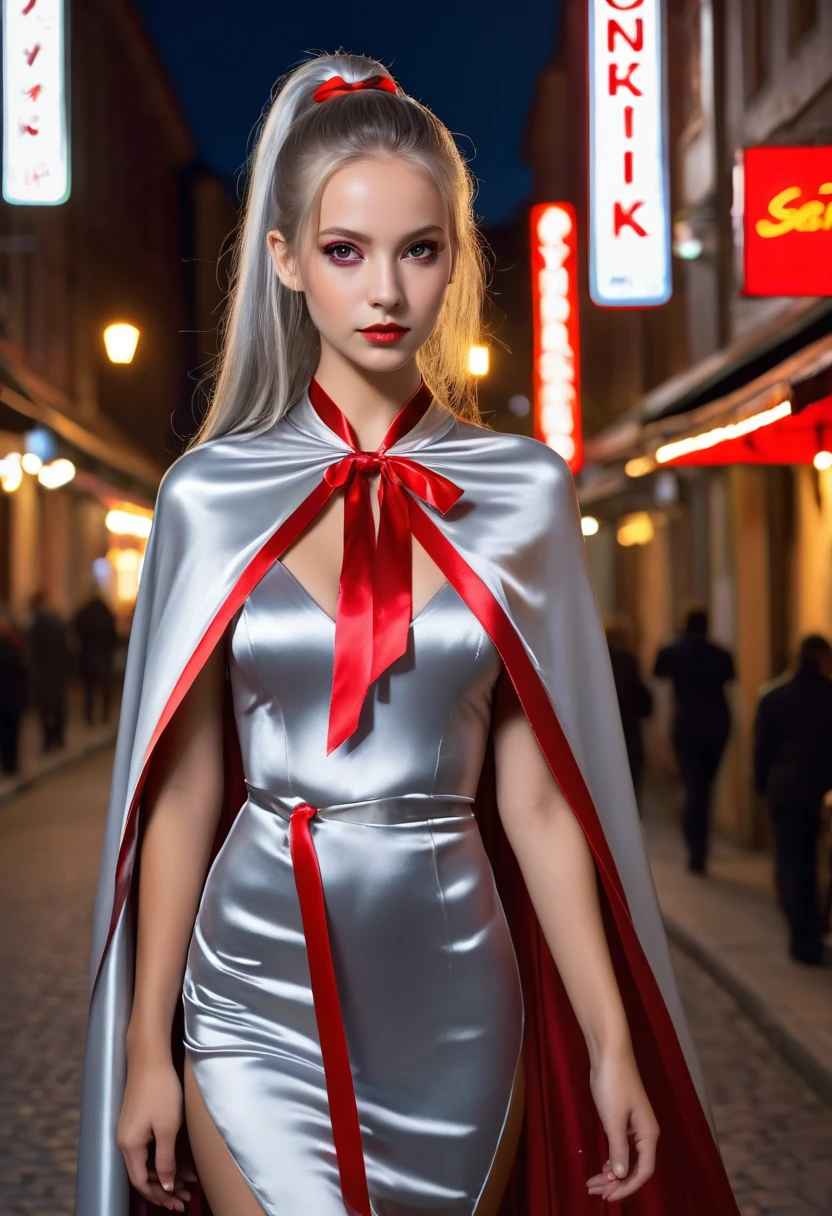 (RAW Photo) , (highly detailed:1.20) , ultra realistic :1.10) ,sexy girl in her 20s , (perfect face:1.20) , (detailed red eyes:1.20) , with long silver hair in ponytail , (((long silver satin cape tied at the neck with a ribbon :1.20))) , naked , full body, walking down street at night , high-quality ultra realistic style, detailed eyes, professional, expressive , 8K , highly detailed , professional,