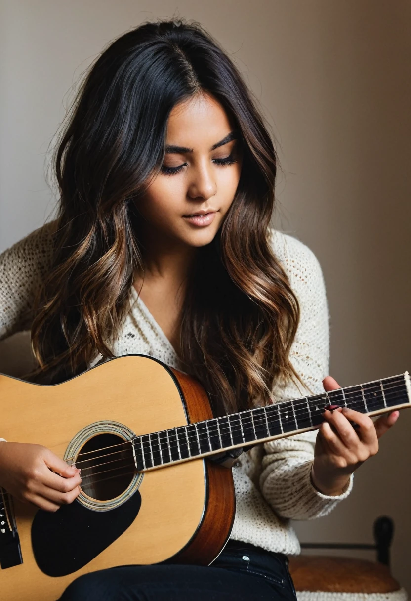 Girl with darkbrown ombré hair. Playing a guitar. Brown eyes. 