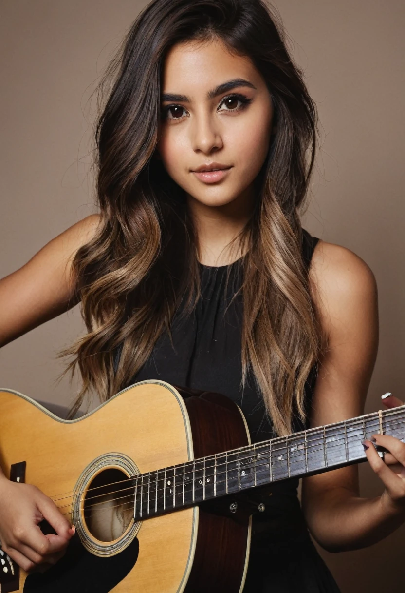 Girl with darkbrown ombré hair. Playing a guitar. Brown eyes. 