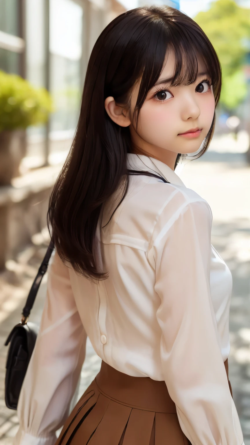 ((sfw: 1.4)), ((detailed face, professional photography)), ((sfw, Blouse, skirt, from behind, 1 Girl)), Ultra High Resolution, (Realistic: 1.4), RAW Photo, Best Quality, (Photorealistic Stick), Focus, Soft Light, ((15 years old)), ((Japanese)), (( (young face))), (surface), (depth of field), masterpiece, (realistic), woman, bangs, ((1 girl))
