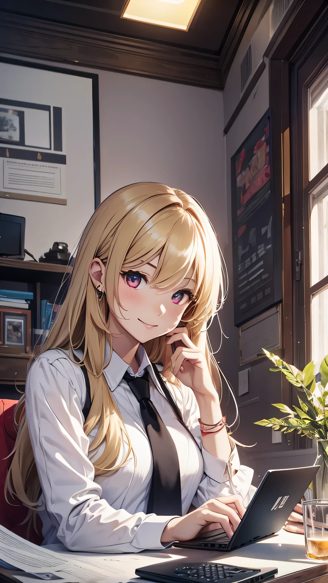最high quality、best image quality、masterpiece、girl((18-year-old、 By becoming、vest bust、medium bust,wide open breast tea、red glowing eyes, blonde、messy hair、long hair、thin,highest valley、black suit、Blue tie、open chest、White wristband、smile、Leaning forward、hair ornaments、have a laptop)),high quality、beautiful art、background((White computer room))、Flight、debris flies、Depth of written boundary、movie、visual art、perfect art、8K,genuine、