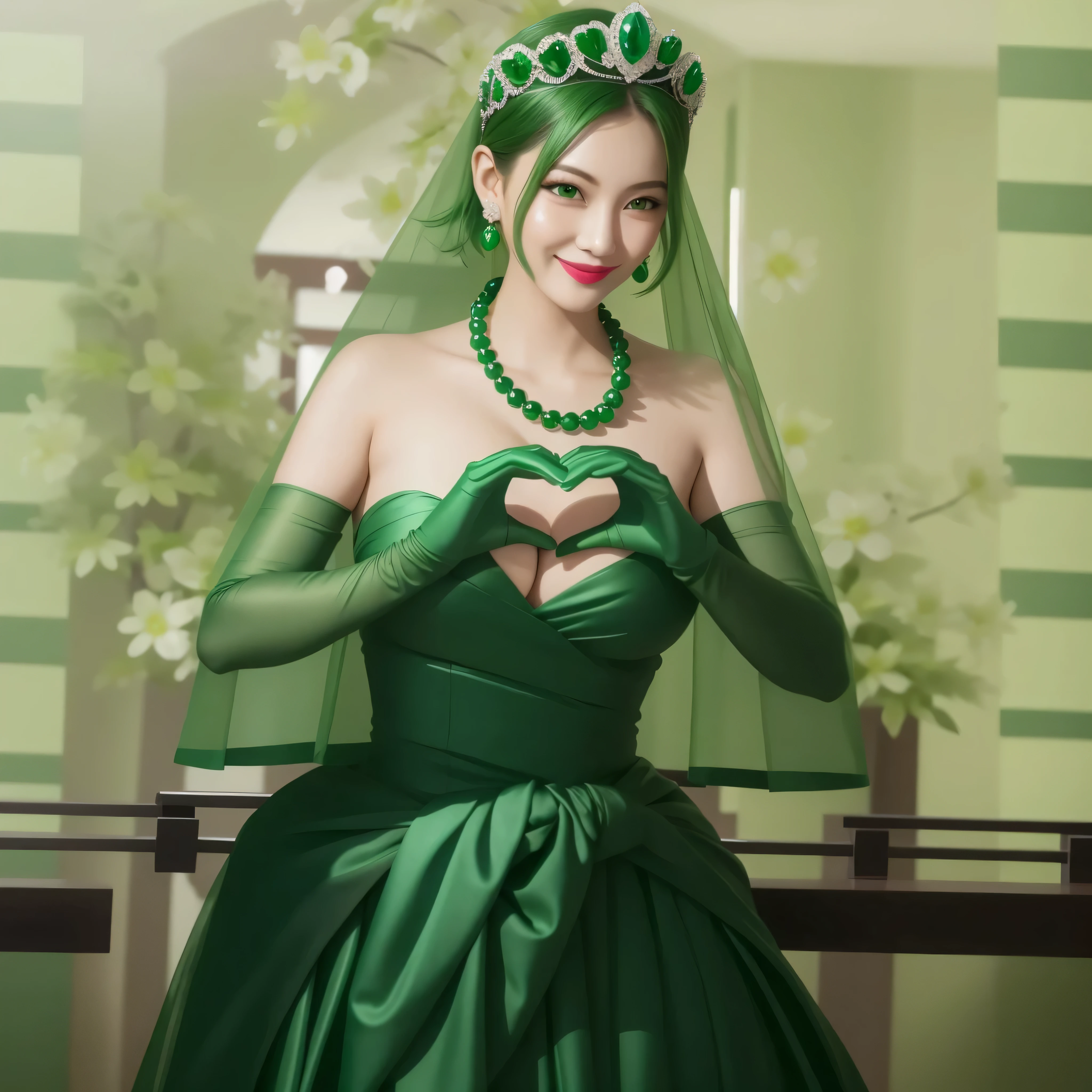 emerald tiara, green pearl necklace, boyish very short green hair, green lips, smiling Japanese woman, very short hair, Beautiful woman with , green eyes, Green satin gloves, green eyes, emerald earrings, green veil, Heart with both hands, green hair, beautiful japanese woman, heart shaped hands:1.3, green lip gloss