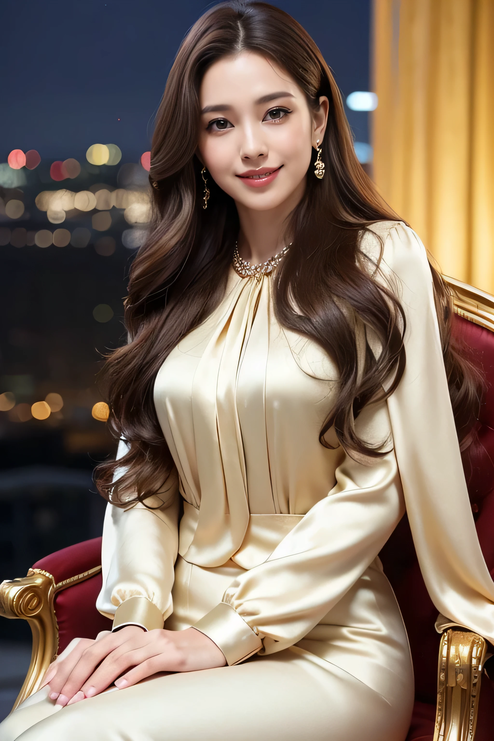 highest quality, masterpiece, 8K, ultra high resolution, (realistic: 1.4), 1 girl, beautiful face, symmetrical eyes, big, perfect body proportions, ((long hair))、((brown hair)), secretary、(luxury business suits)、The viewer's gaze, (president'office、blurred background), Front view, Absolute area (1.3),friendly smile、seems kind、cowboy shot,((shy smile:1.3)),((gold necklace_Large earrings:1.2)),((Bewitching beautiful mature elite secretary in luxurious silk blouse:1.3),((Hair with loose waves inside:1.2)),((Super long brown hair:1.2))((sitting on a chair, night view terrace background:1.3)),((look down at the viewer,from below:1.5)),
