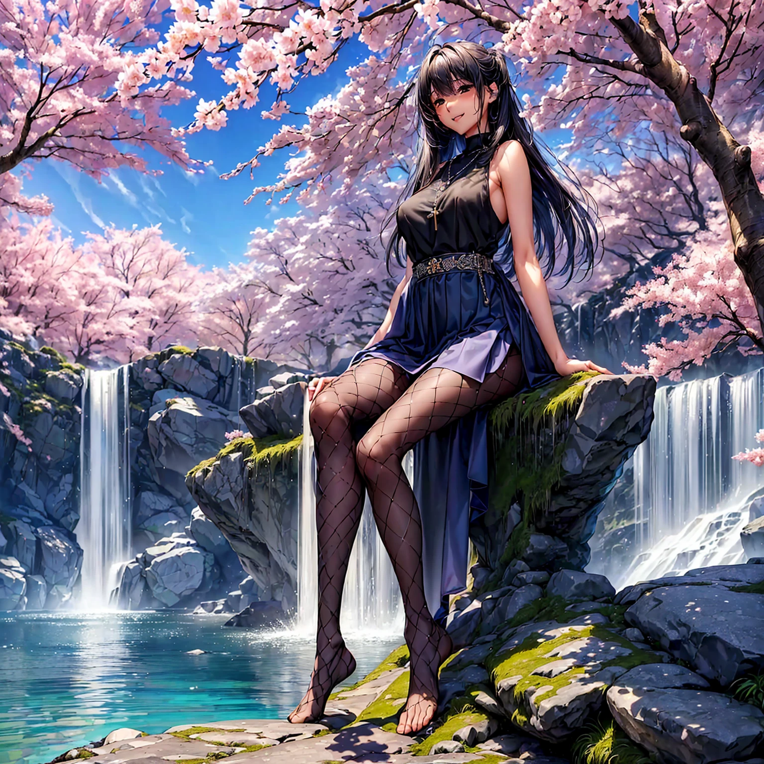 (((highest quality、masterpiece、Very high resolution、high resolution images)))、Beauty Painting、(One strong-willed beautiful girl:18-year-old、beautiful body:Slender Beautiful Breasts、beautiful face:smile、beautiful hair:various hairstyles)、 (best skin and hair texture)、((Sleeveless sweater、knee high fishnet stockings、flare skirt、1 diamond necklace))、(Fantastic waterside、There is a waterfall、Cherry blossoms and a fantastic night sky、Natural light、beautiful scenery、beautiful scenery)、(Beautiful pose: sitting cross-legged on stone stepodel shoot)、accurate image:1.5、accurate anatomy:1.5、Image without defects、perfect image、Whole image、(best shot、RAW photo:1.2)