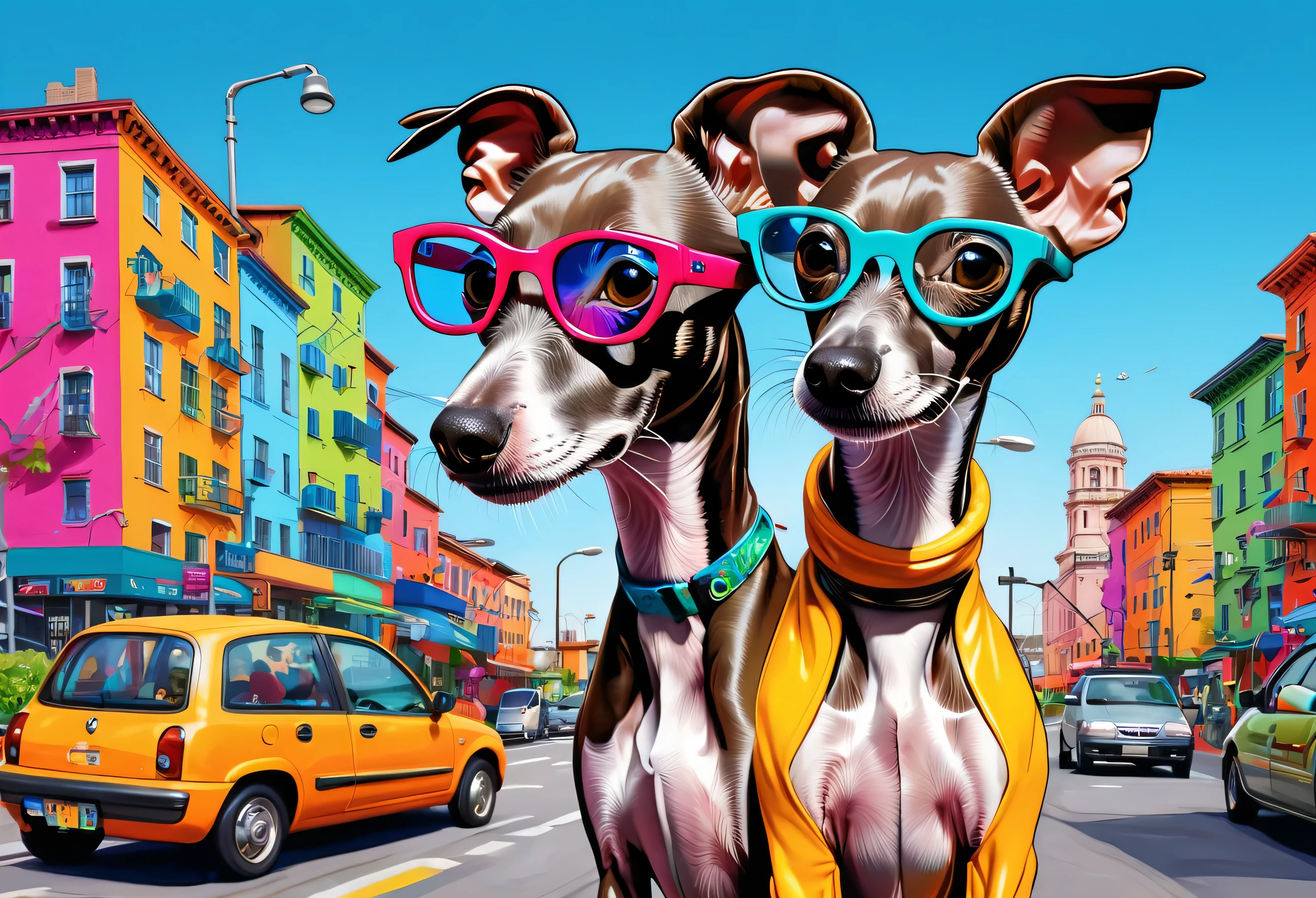 Italian Greyhound with glasses, whole body、animal pictures, Vivid cartoon art, very high quality artwork, pop art, colourful artwork, mixed art styles, urban art style, art style, maximalist, Large colorful images, Wild Style, art style, High quality glossy art, High Resolution Art,Walking through a city with many buildings while listening to headphones、airbrush