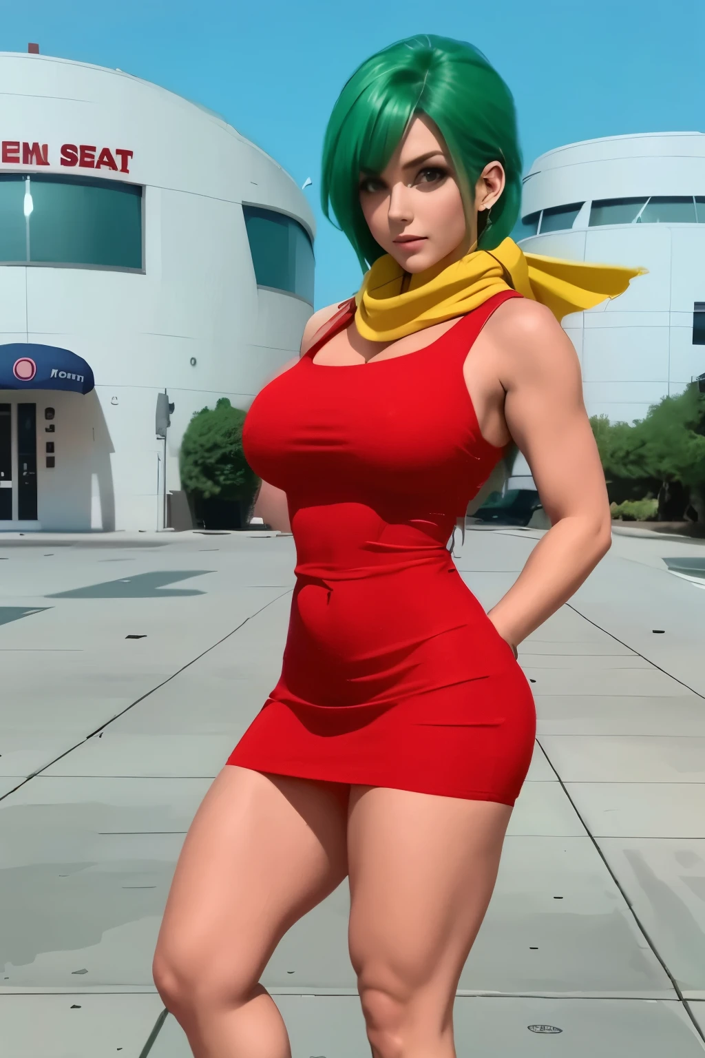 (( red dress)), best quality, full body visto desde abajo ((cabello verde corto)). (( anime bulma dragon ball z)) (( vestido rojo)) mujer 30 years old, ((cabello azul corto)), (( con curvas)),(( a yellow scarf)) (( vestido muy corto)) (( piernas fuertes)), (( cintura muy angosta)) hay una mujer con un vestido rojo y a yellow scarf, vestido apretado, vestimenta ajustada, succubus in short tight dress, vestido sexy, faye valentine, linda chica con traje de tanque, skinvestido apretado, better known as amoranto, amoranto, He wears a bathing suit, usando ropa sencilla y ajustada, cintura delgada y caderas gruesas , alto detalle 8K, perfect skin. 12K HDR