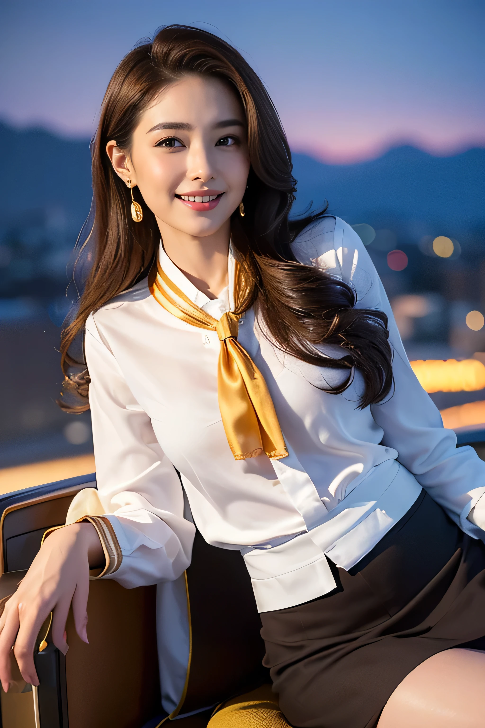 (masterpiece:1.3), high resolution, ultra detailed, extremely detailed CG unity 8k wallpaper, realistic, photo-realistic, RAW photo, beautiful detailed face, pale skin, realistic glistening skin, detailed cloth texture, detailed hair texture, Perfect body, Beautiful Face, accurate, Anatomically correct, Highly detailed face and skin texture, natural neck length, (beautiful hands), (fair skin:1.2), Thin legs, Thin feet, Detailed eyes, symmetric eyes, Light Brown eyes, Double eyelids, Thin eyebrows, (Glossy lips:1.4), ((gently smile:1.2)), (blush:1.1), (A Classy and Cute girl:1.3),fullbody shot、Super long brown hair,Hair with loose waves inside,gold necklace_Large earrings,((Office Lady,Black Office Blazer,luxurious silk blouse,Office Skirt:1.3)),
,((中くらいの乳:1.5))))((standing gracefully:1.5))((sitting on a chair, night view terrace background:1.3)),