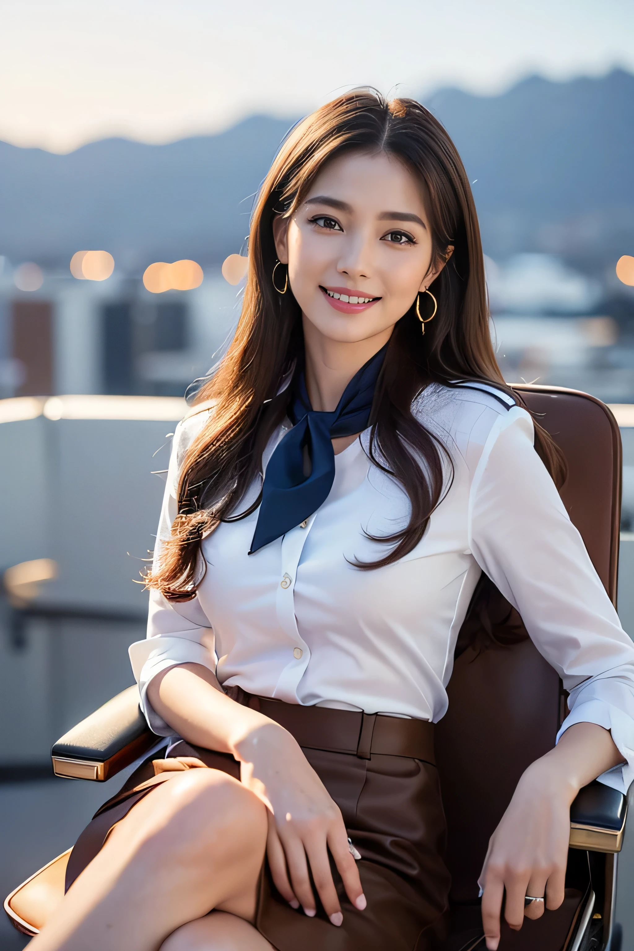 highest quality, masterpiece, 8K, ultra high resolution, (realistic: 1.4), 1 girl, beautiful face, symmetrical eyes, big, perfect body proportions, ((long hair))、((brown hair)), secretary、(luxury business suits)、The viewer's gaze, (president'office、blurred background), Front view, Absolute area (1.3),friendly smile、seems kind、cowboy shot,((shy smile:1.3)),((gold necklace_Large earrings:1.2)),((stewardess uniform,flight attendant uniform,tight miniskirt,white shirt,silk scarf,inside the airplane:1.4),((Hair with loose waves inside:1.2)),((Super long brown hair:1.2))((sitting on a chair, night view terrace background:1.3)),((look down at the viewer,from below:1.5)),