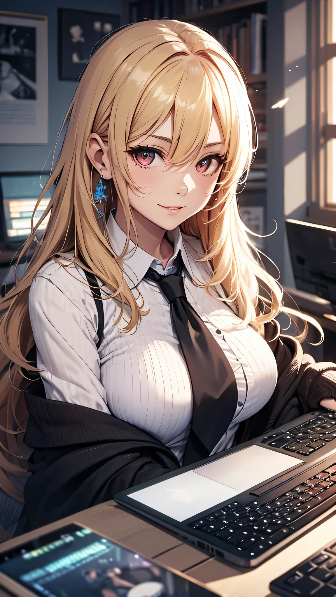 最high quality、best image quality、masterpiece、girl((18-year-old、 By becoming、vest bust、medium bust,wide open breast tea、red glowing eyes, blonde、messy hair、long hair、thin,highest valley、black suit、Blue tie、open chest、White wristband、smile、Leaning forward、hair ornaments、have a laptop、Angle from the side、Lointail)),high quality、beautiful art、background((White computer room、Coffee cup、line of light))、Flight、debris flies、Depth of written boundary、movie、visual art、perfect art、8K,genuine、