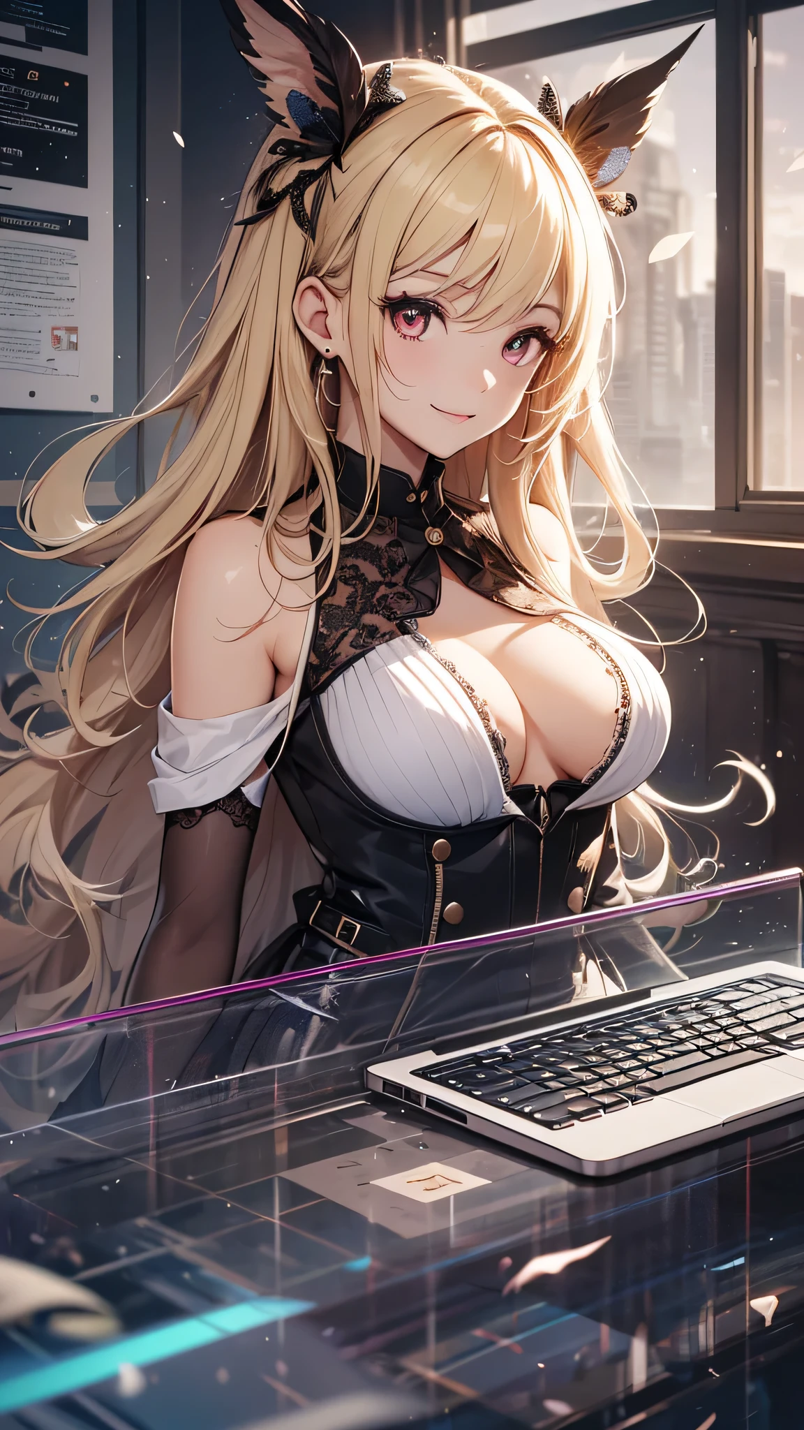 最high quality、best image quality、masterpiece、girl((18-year-old、 By becoming、vest bust、medium bust,wide open breast tea、red glowing eyes, blonde、messy hair、long hair、thin,highest valley、black suit、Blue tie、open chest、White wristband、smile、Leaning forward、hair ornaments、have a laptop)),high quality、beautiful art、background((White computer room))、Flight、debris flies、Depth of written boundary、movie、visual art、perfect art、8K,genuine、