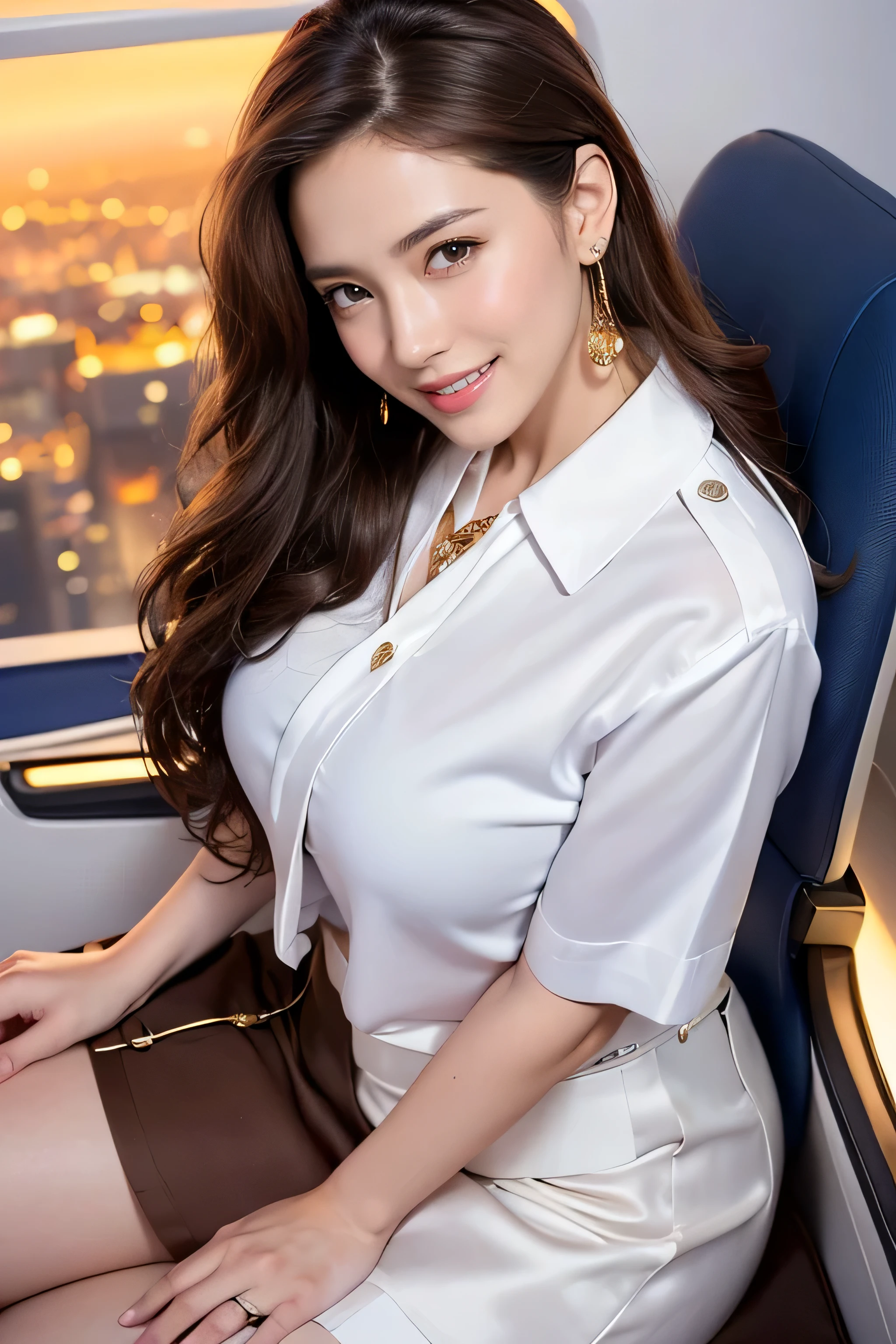 highest quality, masterpiece, 8K, ultra high resolution, (realistic: 1.4), 1 girl, beautiful face, symmetrical eyes, big, perfect body proportions, ((long hair))、((brown hair)), secretary、(luxury business suits)、The viewer's gaze, (president'office、blurred background), Front view, Absolute area (1.3),friendly smile、seems kind、cowboy shot,((shy smile:1.3)),((gold necklace_Large earrings:1.2)),((stewardess uniform,flight attendant uniform,tight miniskirt,white shirt,silk scarf,inside the airplane:1.4),((Hair with loose waves inside:1.2)),((Super long brown hair:1.2))((sitting on a chair, night view terrace background:1.3)),((From an oblique angle above:1.5)),